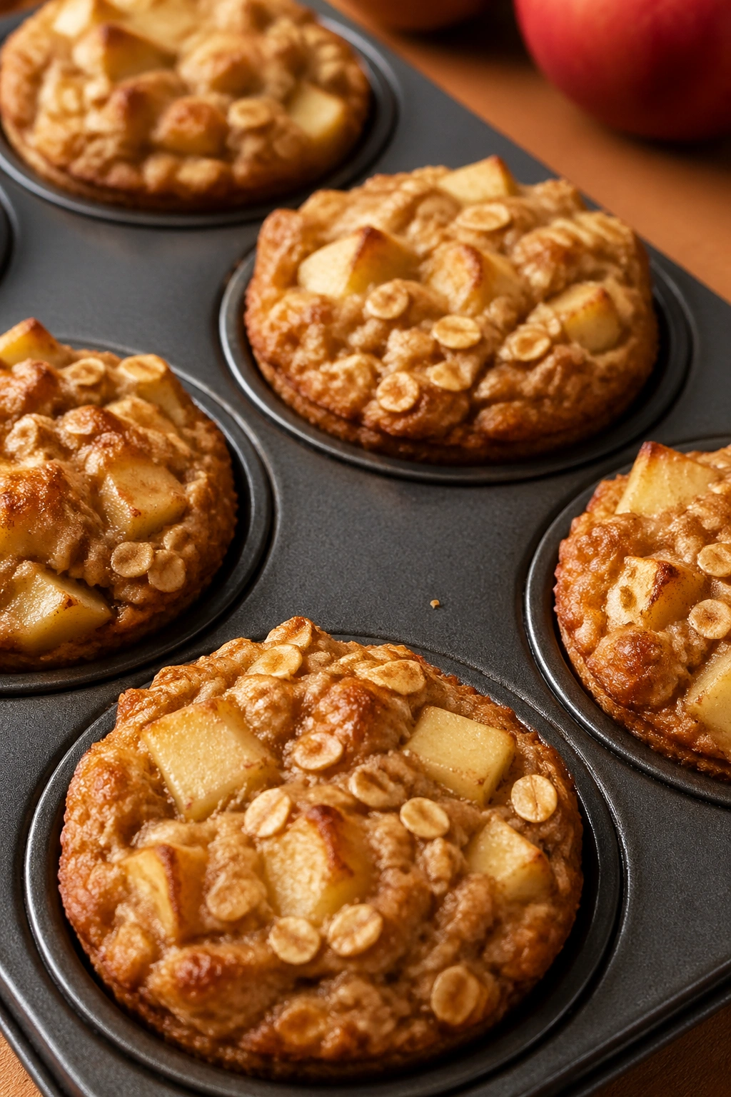 Close-up of baked apple cinnamon oat cups in muffin tin