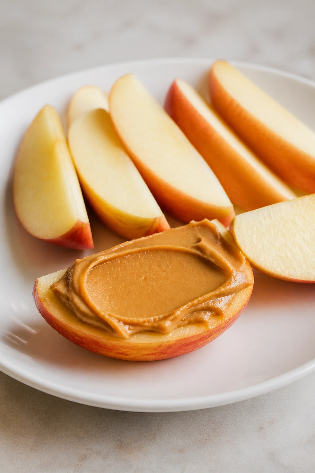 Apple slices with peanut butter on a plate in a kitchen setting