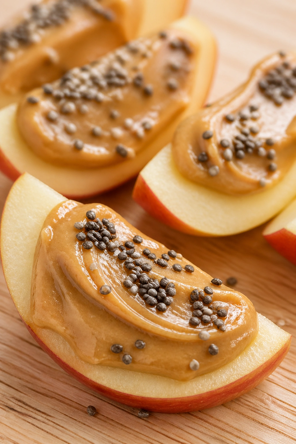 Apple slices with peanut butter and chia seeds after workout