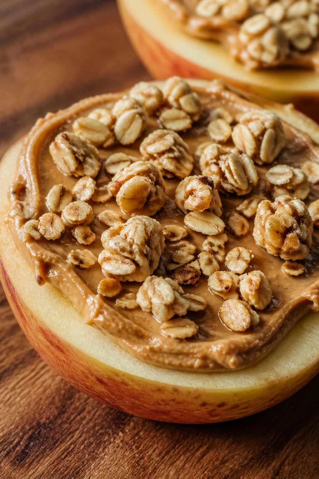 Apple slices with peanut butter and granola on a wooden surface