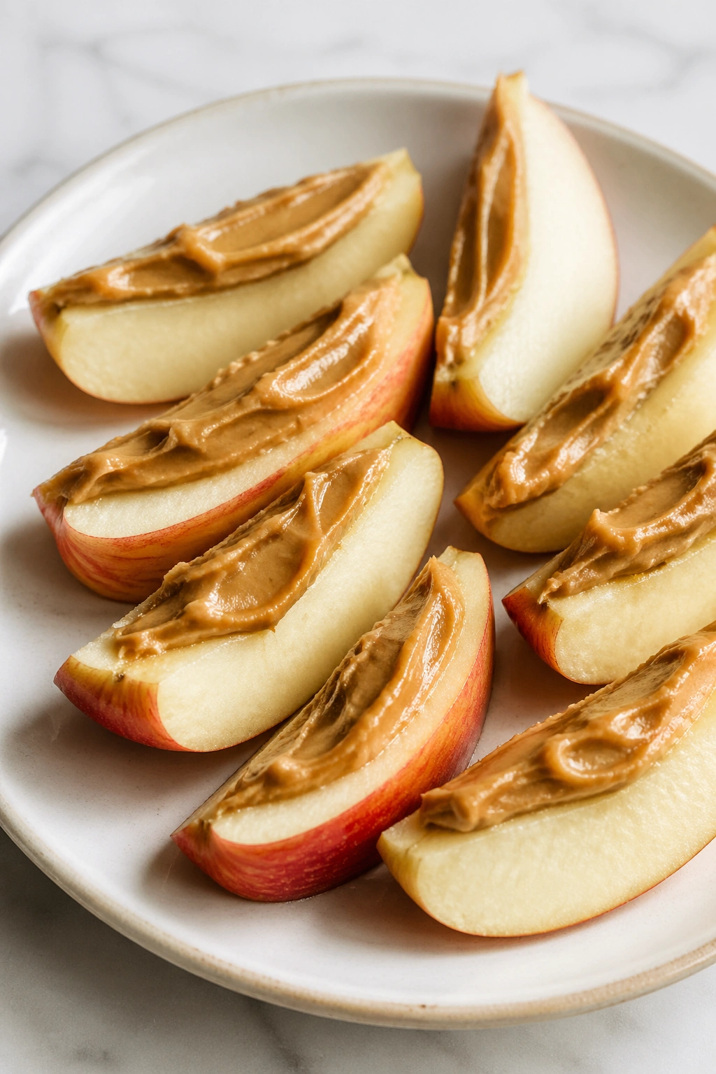 Close-up of apple slices with peanut butter on a plate
