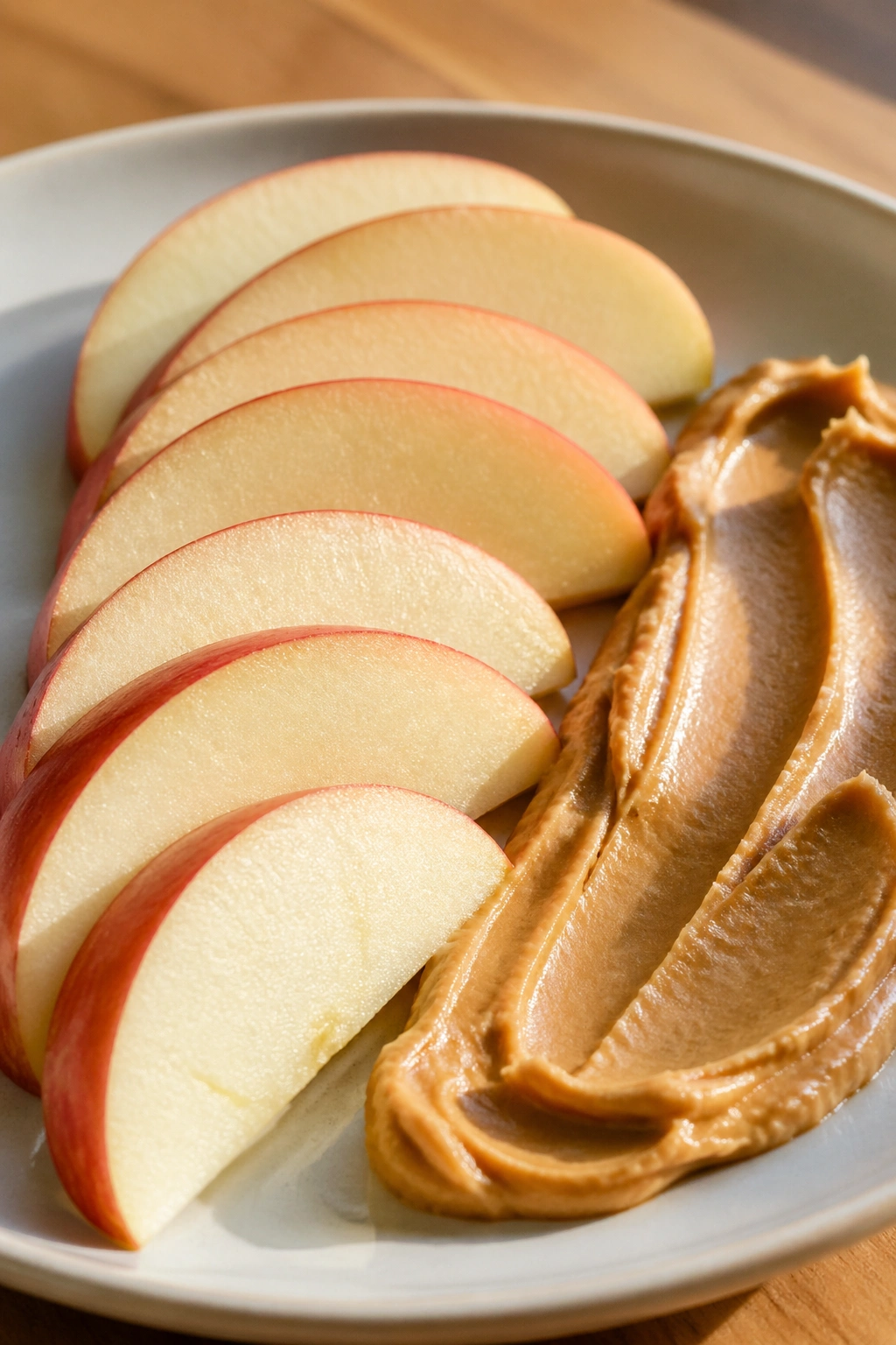 Close-up of apple slices with peanut butter on a plate in a warm kitchen