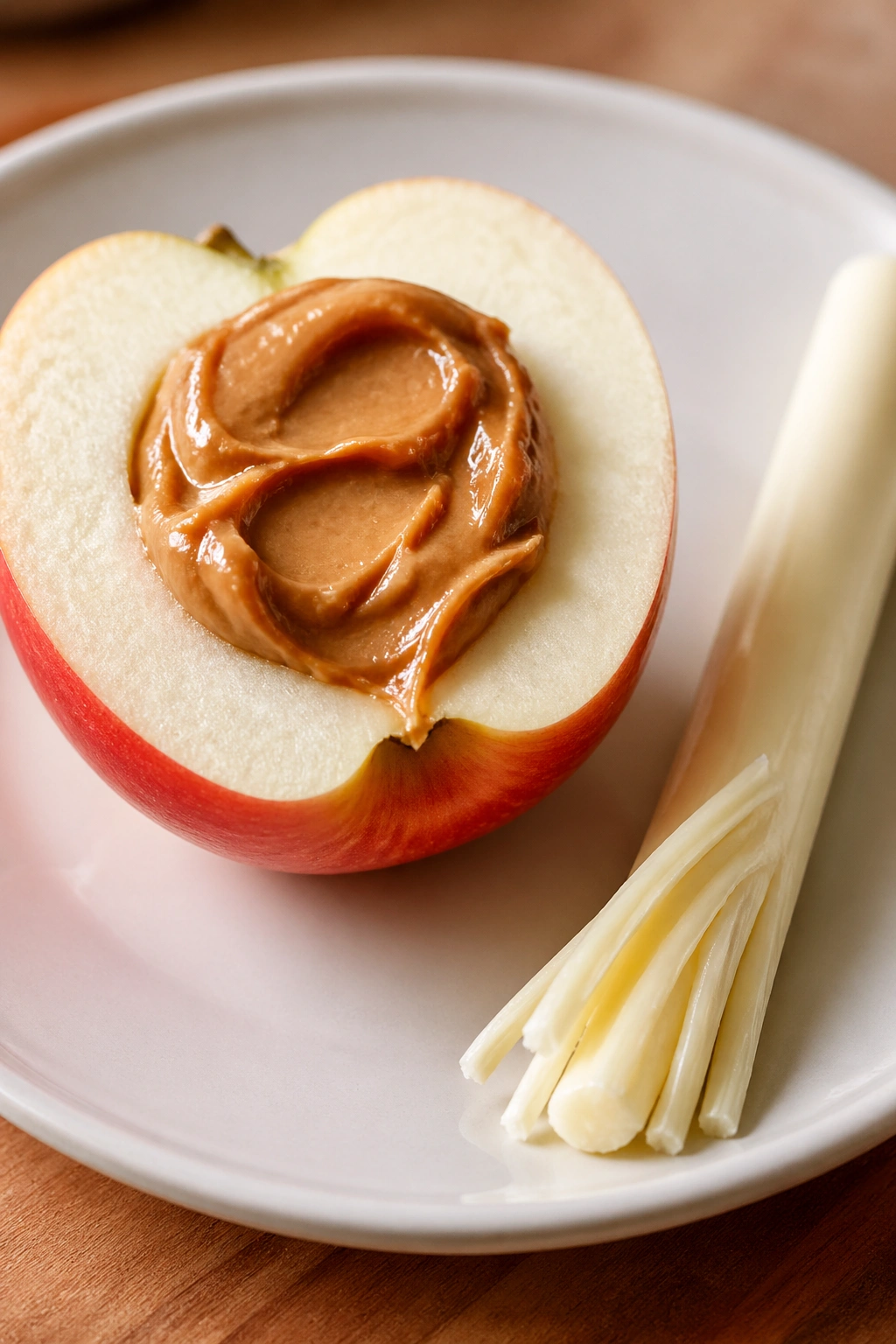 Apple with peanut butter and string cheese on plate