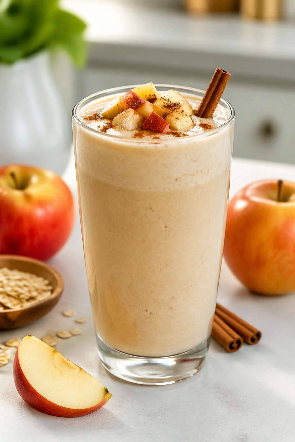 Apple Pie Cinnamon Shake in a glass with cinnamon tones