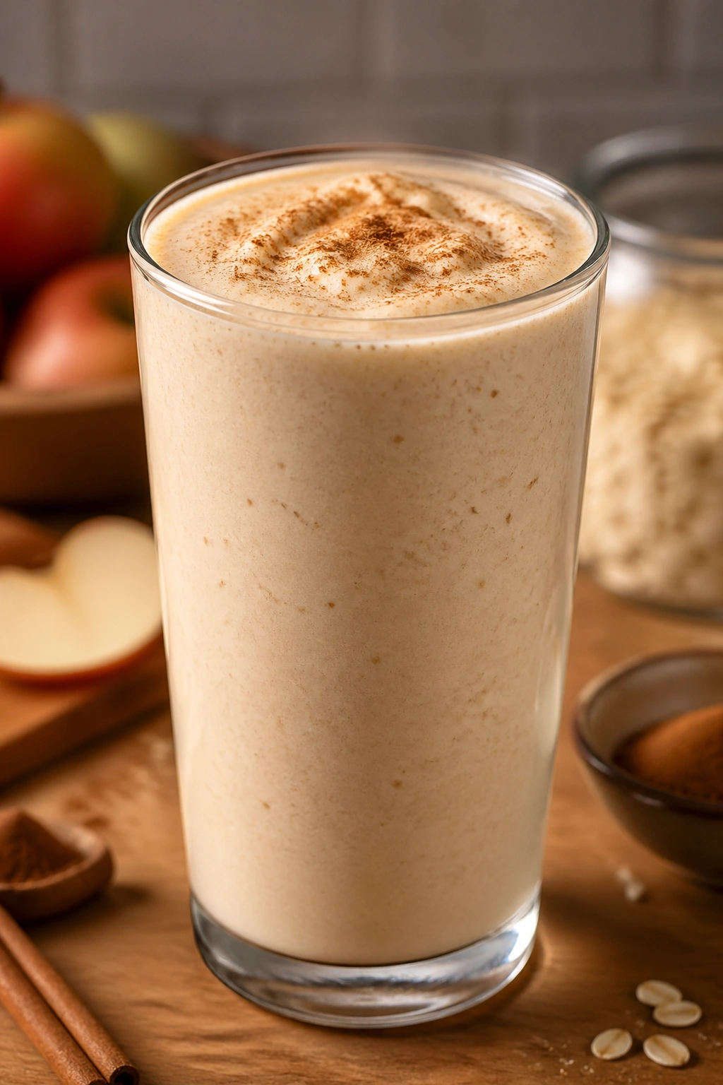 Close-up of beige apple pie skyr smoothie in a glass with cinnamon detail on a kitchen counter