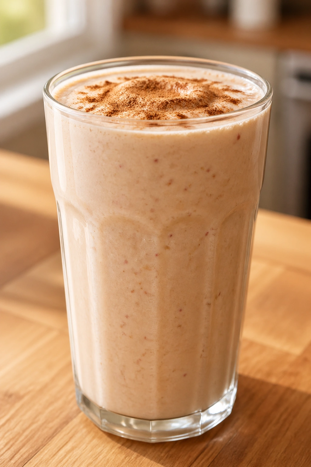 Creamy Apple Pie Cottage Cheese Smoothie in a tall glass on a wooden counter