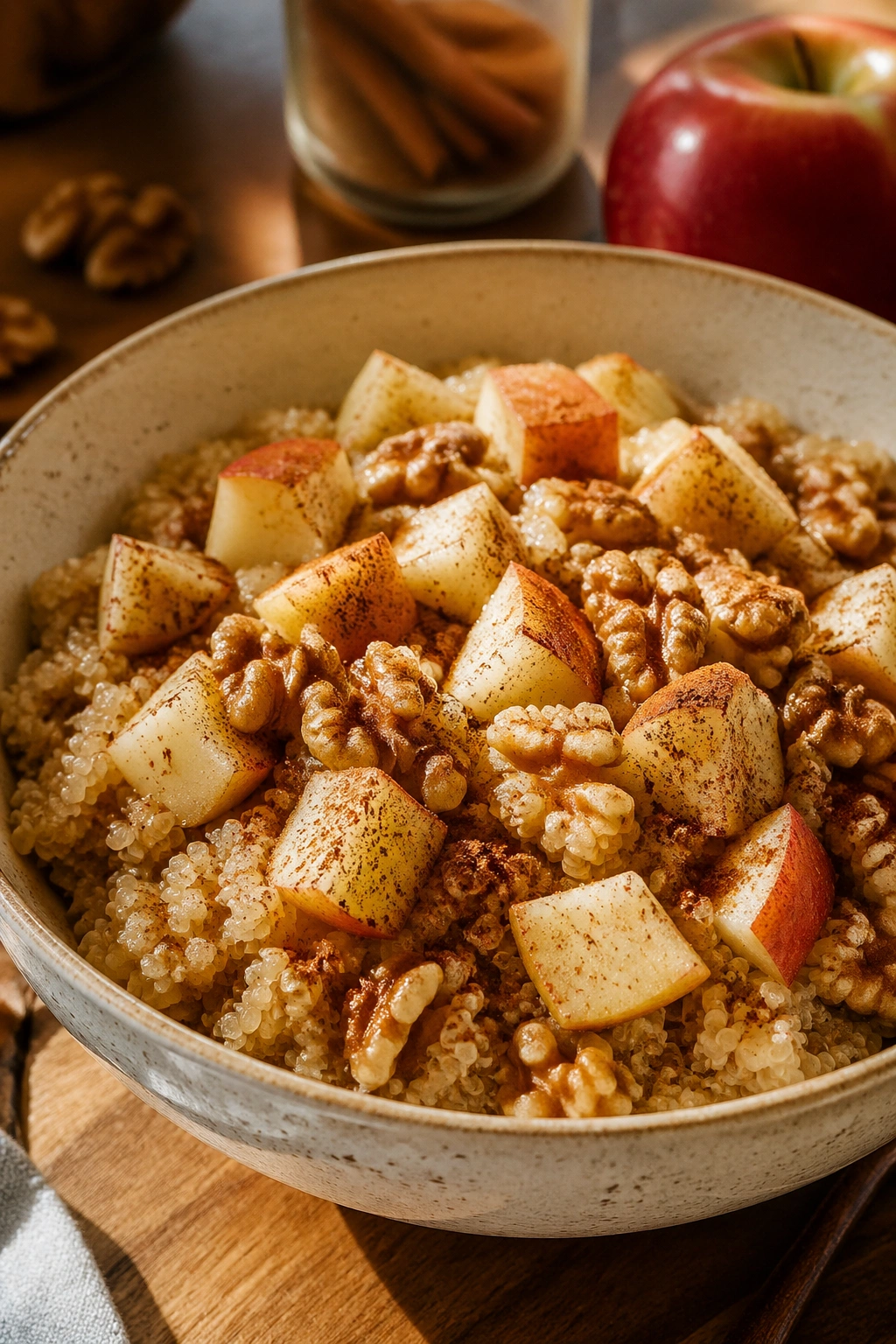 Close-up of apple cinnamon quinoa bowl with apples and walnuts