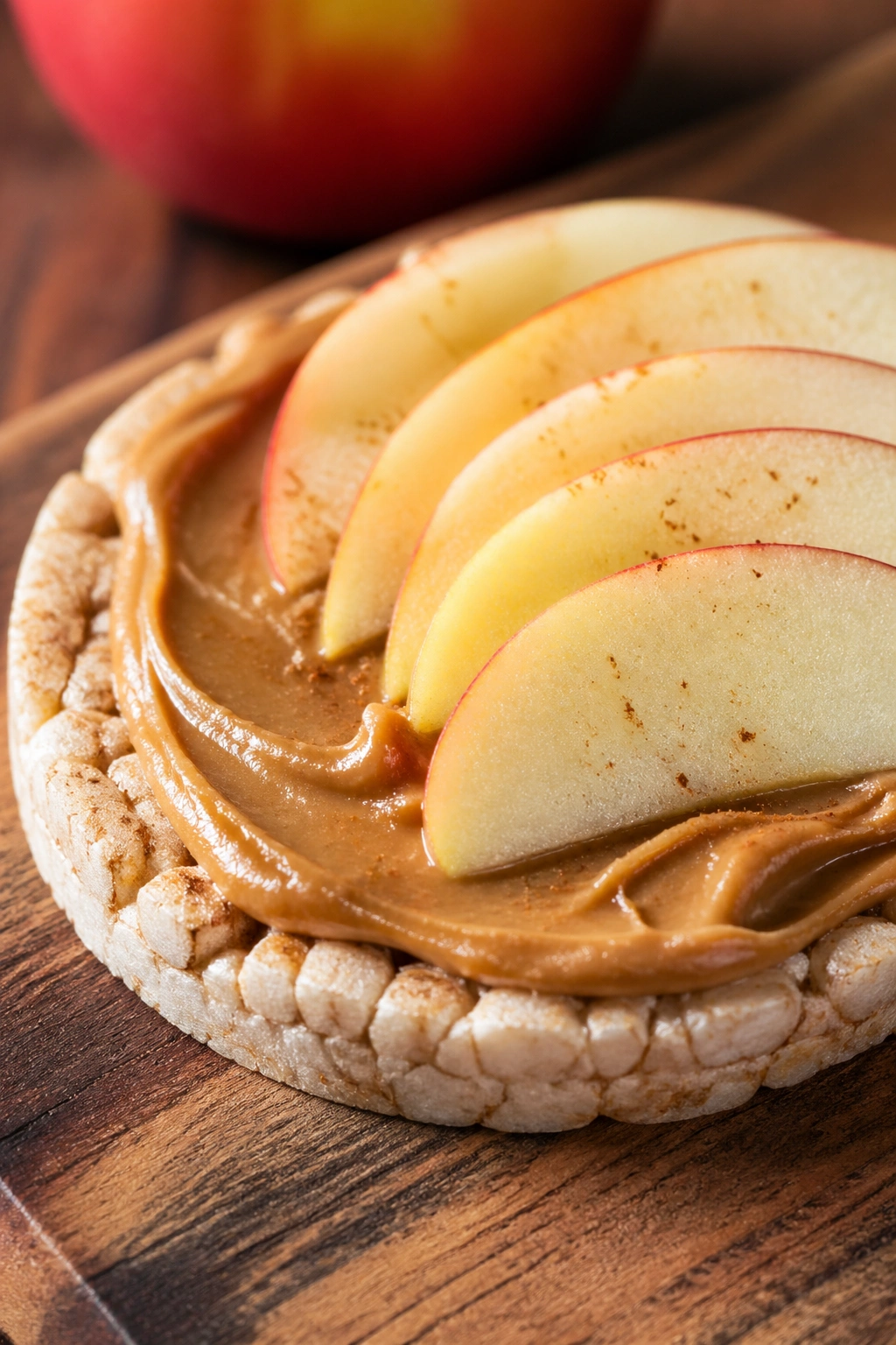 Close-up of a rice cake topped with apple slices and almond butter