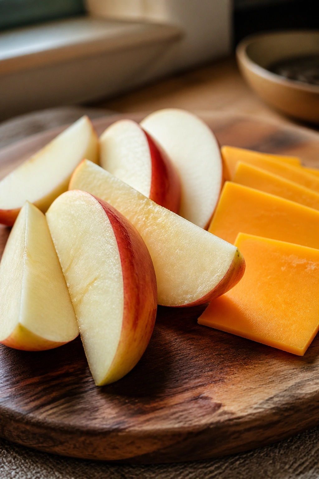 Apple slices with cheddar on a wooden board
