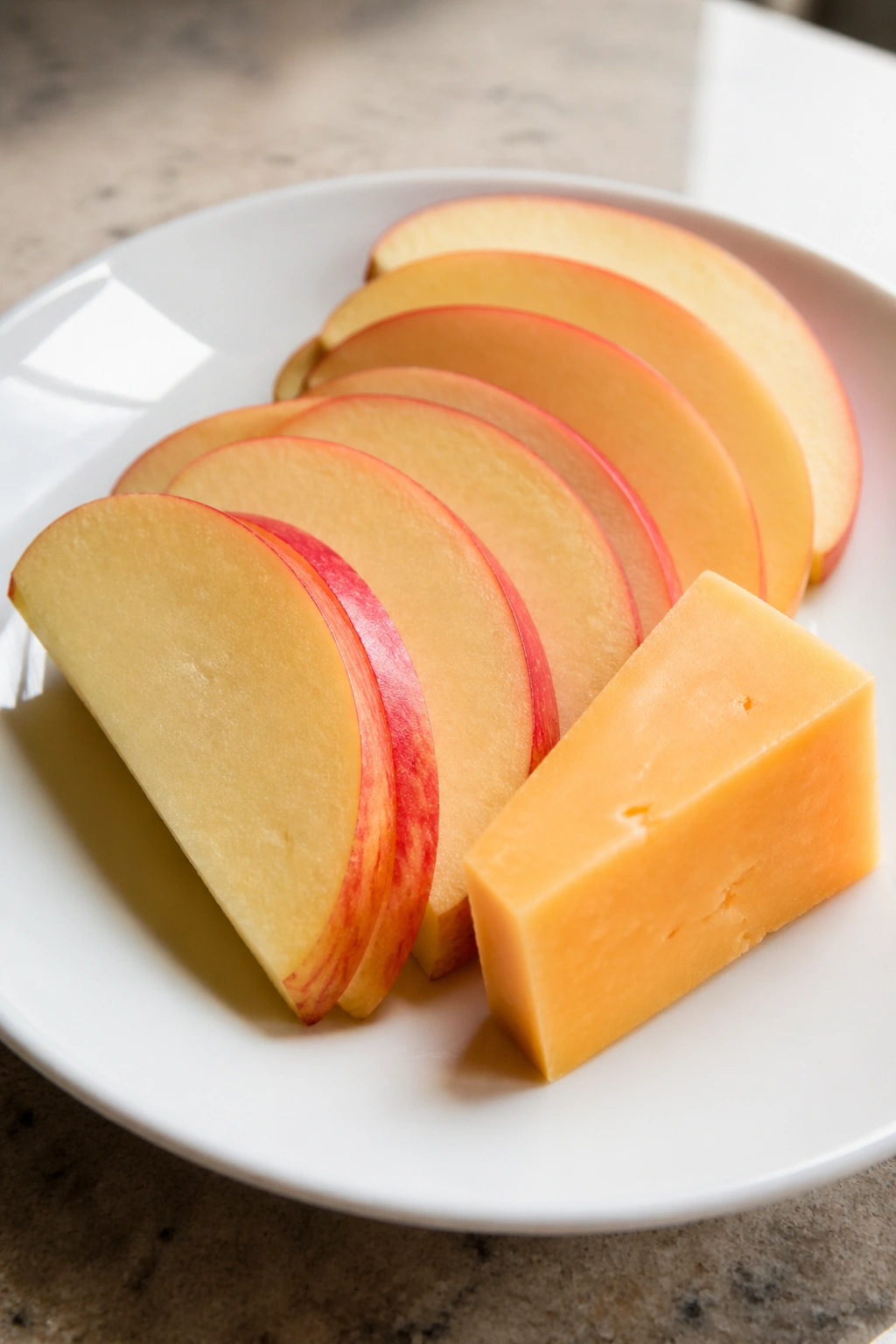 Close-up of apple slices with cheese on a plate