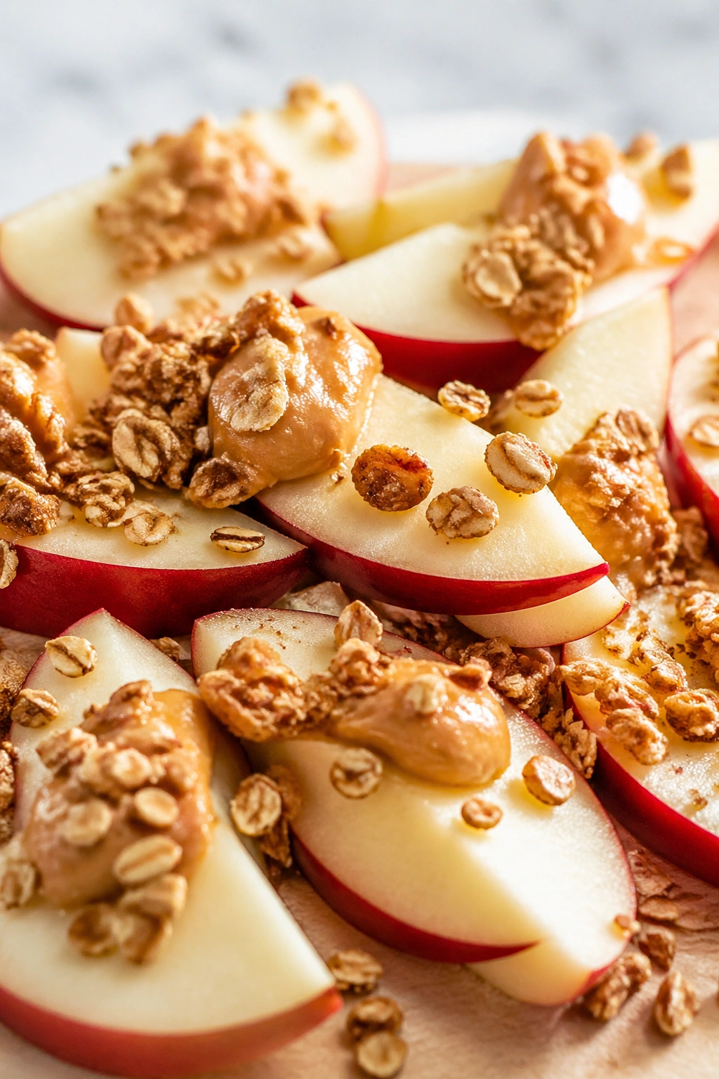 Apple slices with peanut butter and granola on a plate