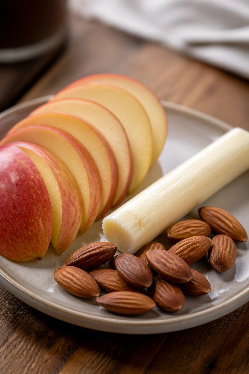 Plate with apple slices, string cheese, and almonds