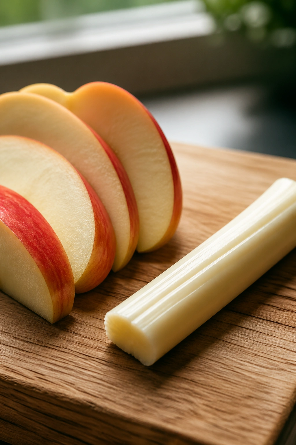 Close-up of apple slices and string cheese on a cutting board