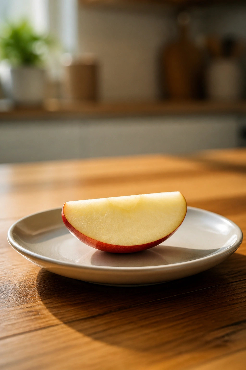 Single apple slice plated for a deliberate snack