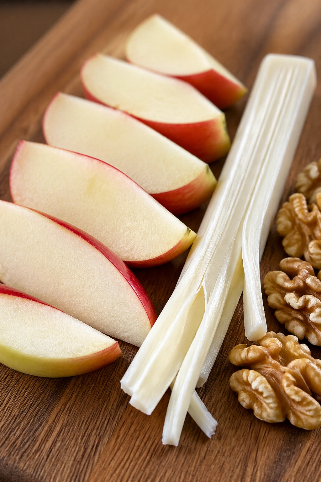 Close-up of apple slices, string cheese, and walnuts on a wooden board