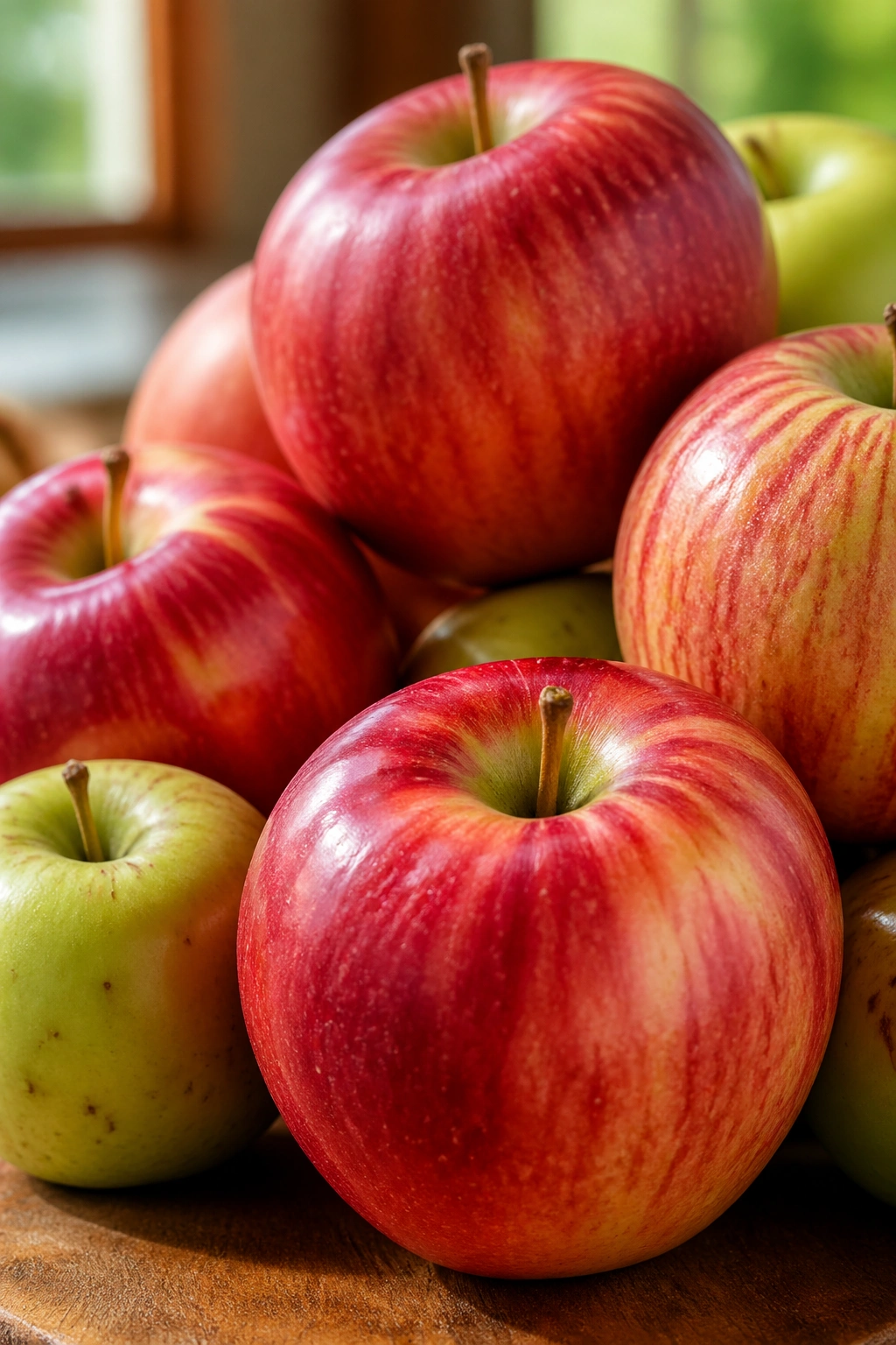 Close-up of apples filling the frame on a wooden table