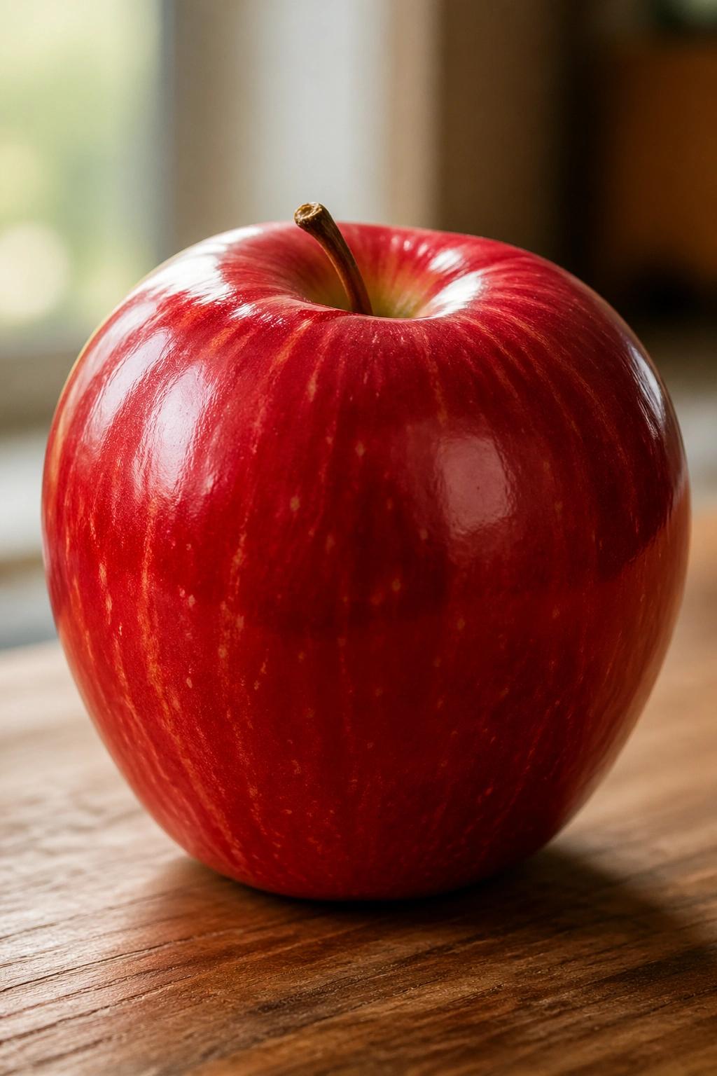 Glossy red apple on a wooden surface with natural light