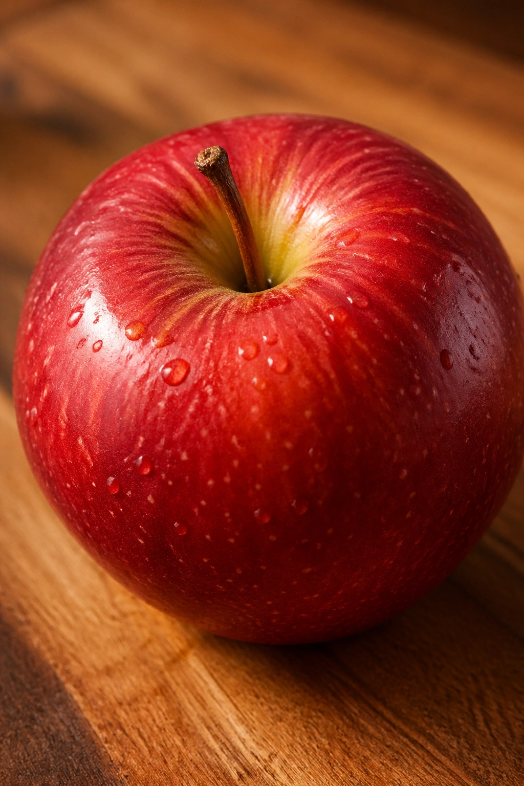 Close-up of a crisp red apple on a wooden board