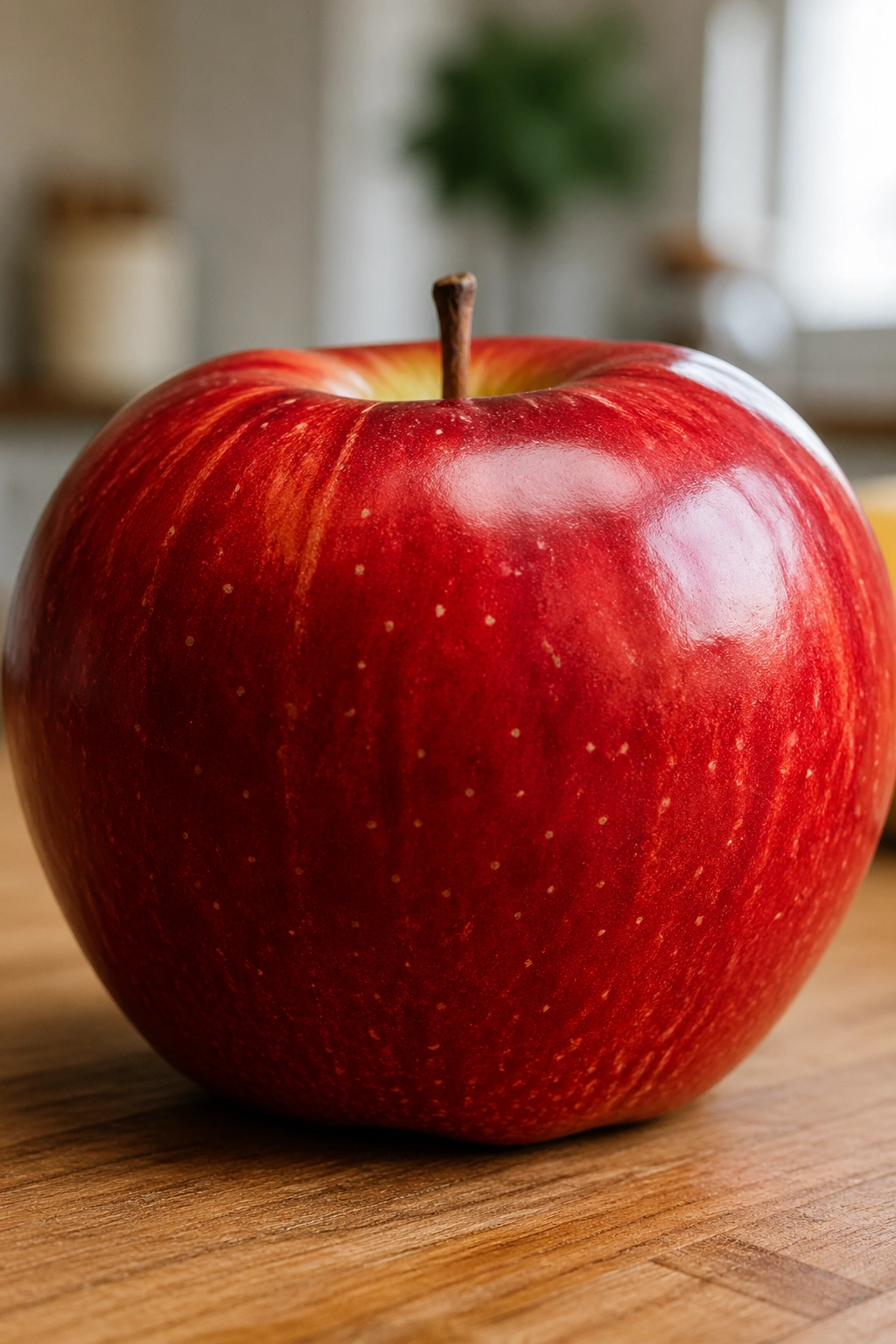Close-up of red apple on wooden cutting board