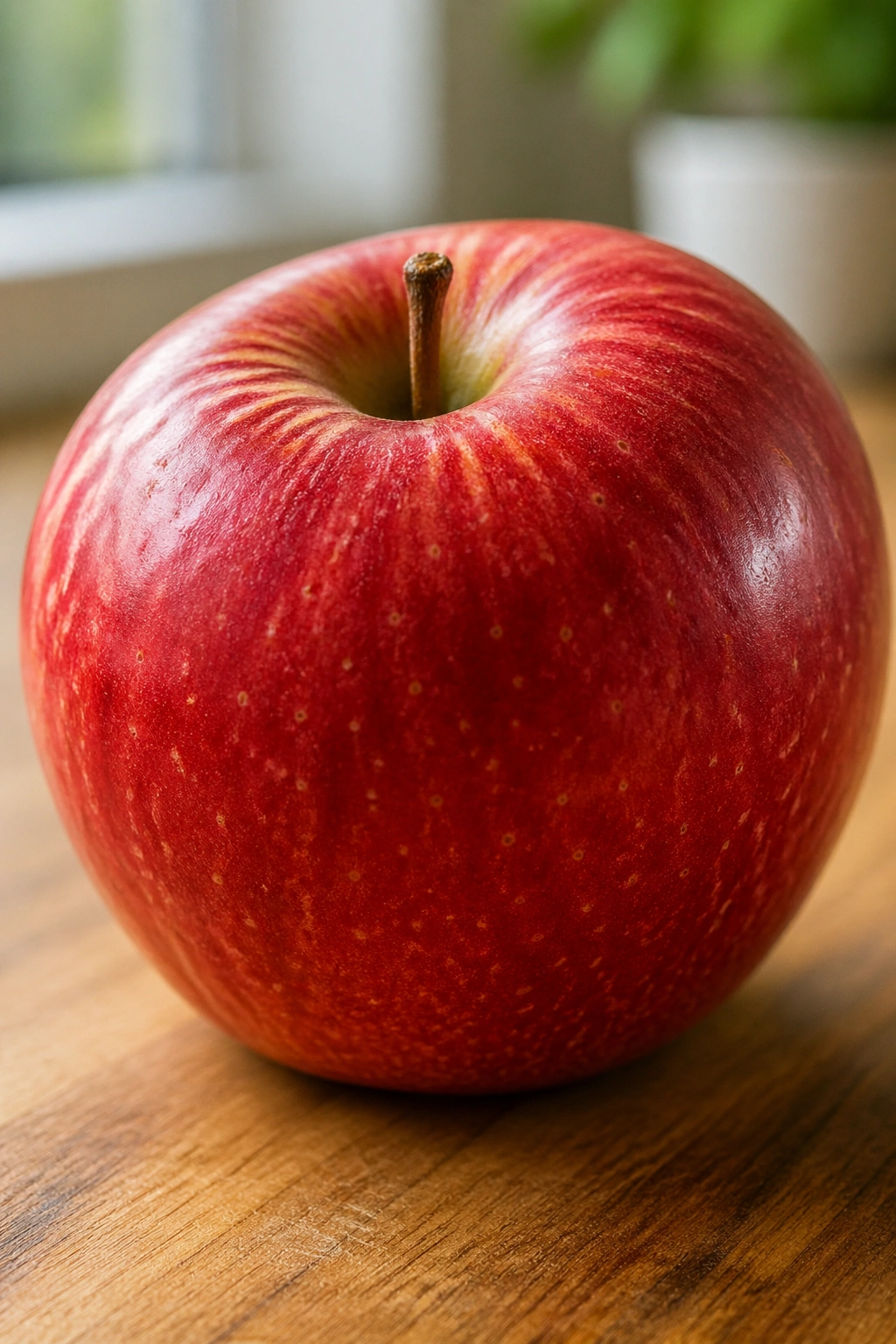 Close-up of a red apple with textured skin on a wooden counter