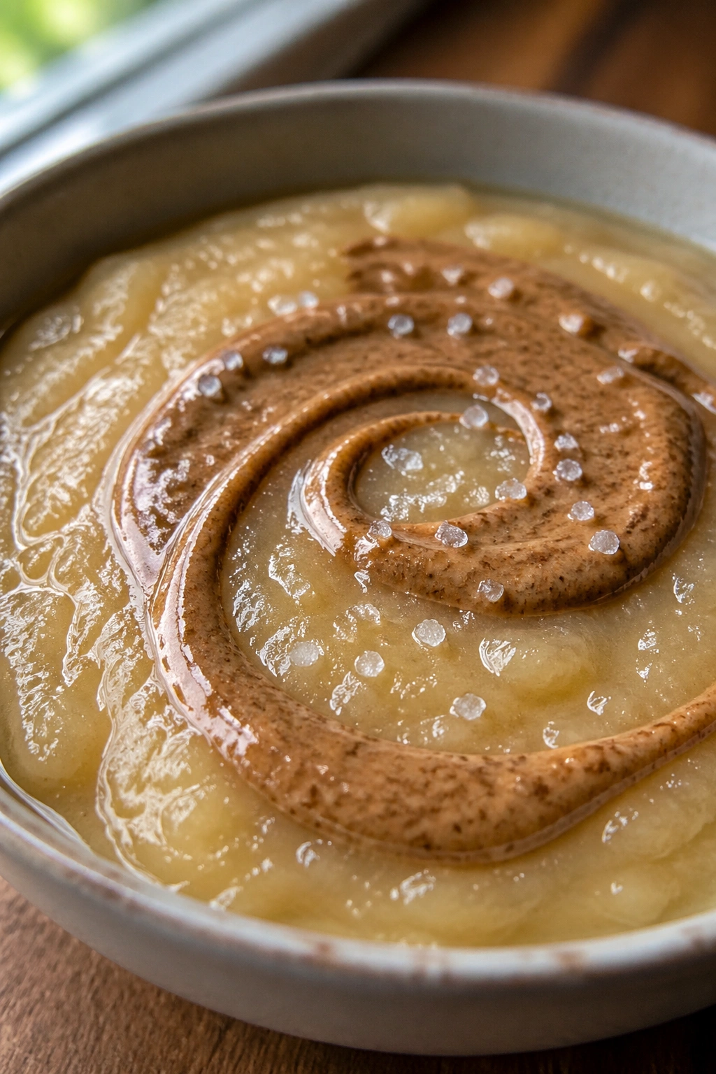Close-up of applesauce with almond butter swirl and salt grains in a bowl, in a warm kitchen light
