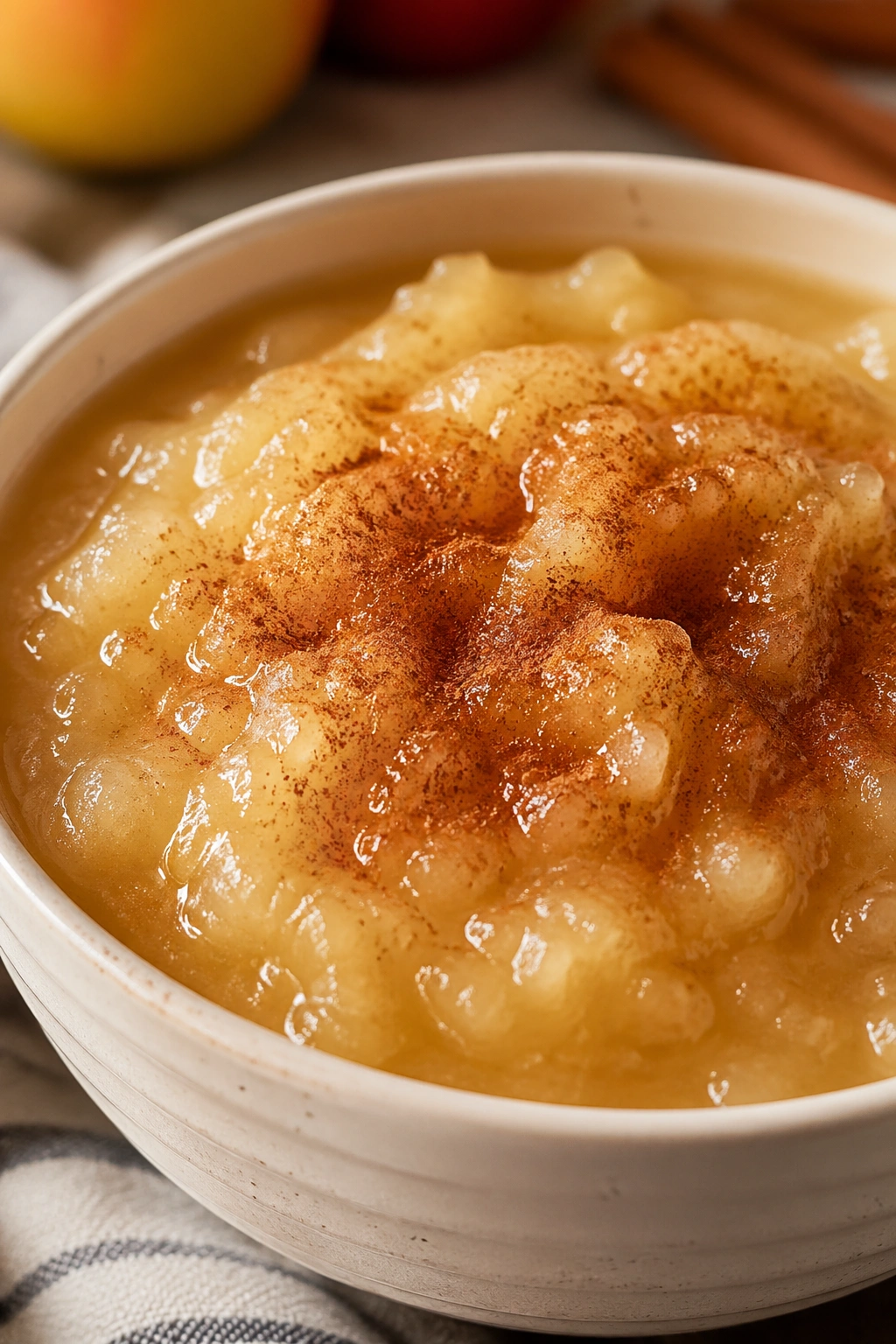 Close-up of unsweetened applesauce with cinnamon in a small bowl