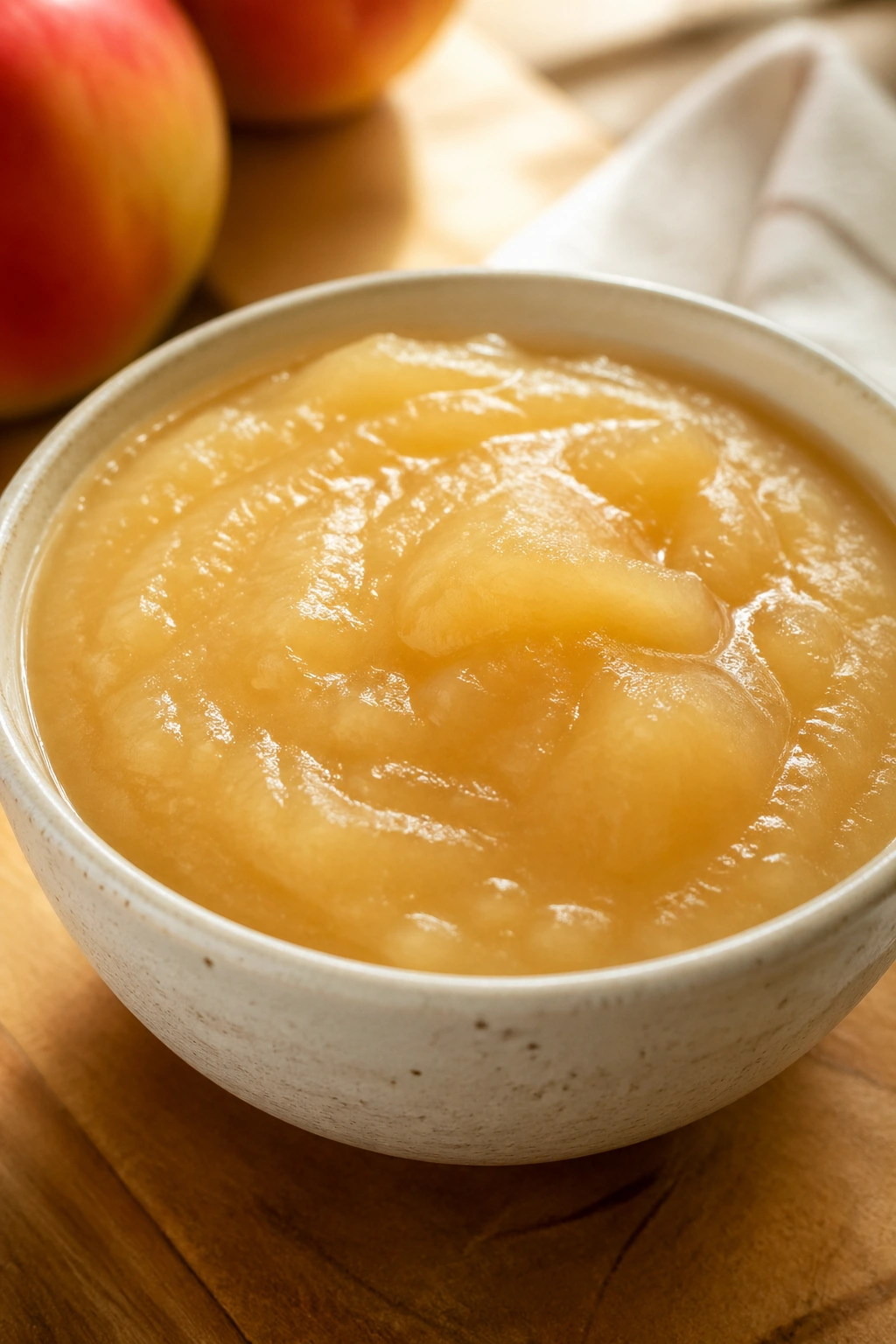Close-up of smooth applesauce in a small bowl