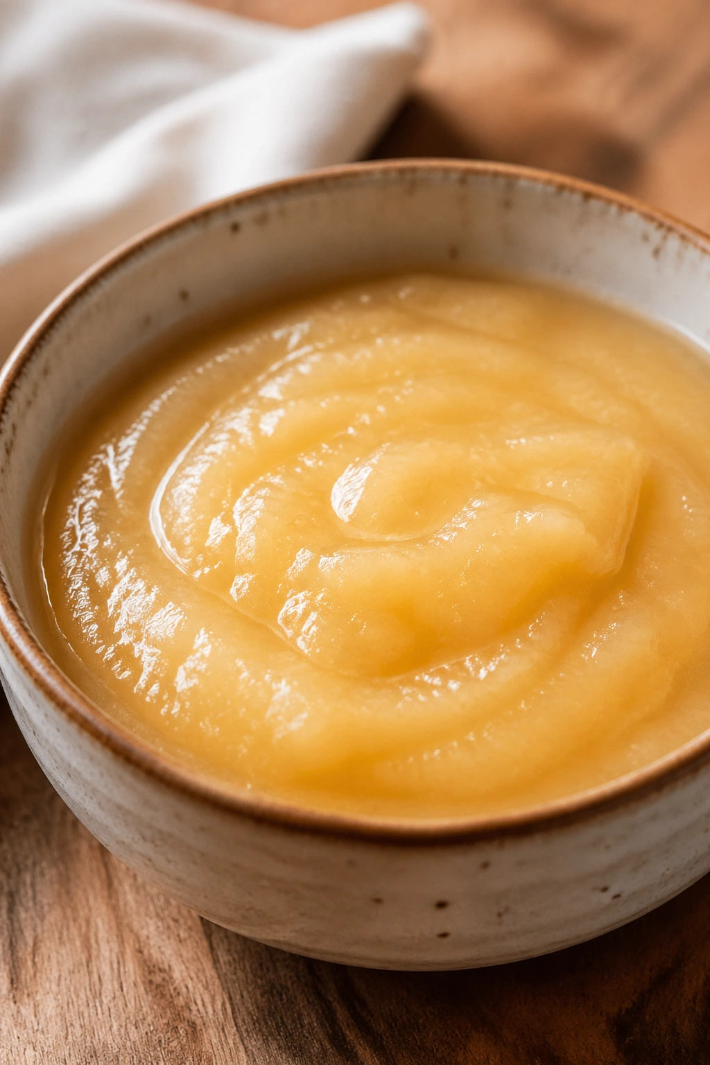 Close-up of unsweetened applesauce in a small ceramic bowl