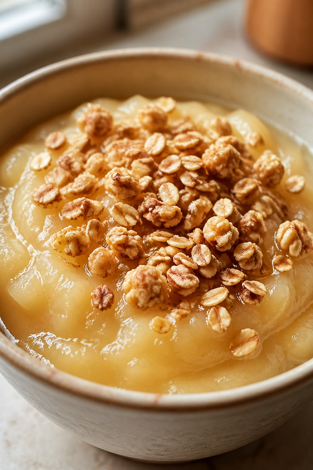 Close-up of applesauce with granola in a bowl on a warm kitchen counter