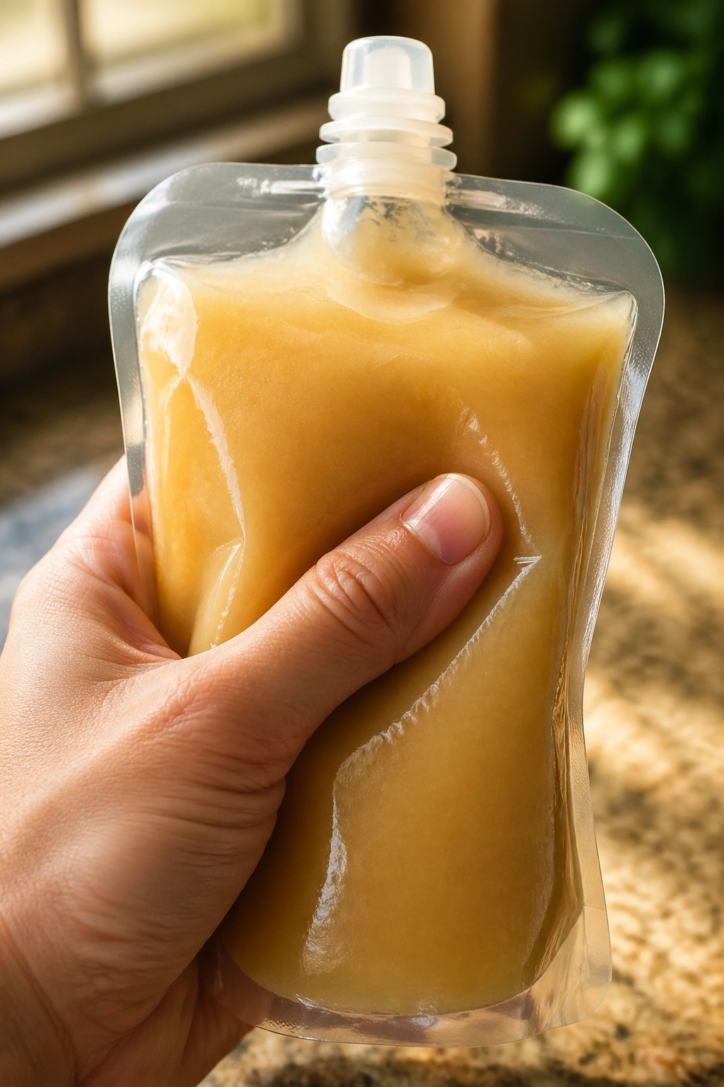 Close-up of unlabeled applesauce pouch being squeezed in a warm kitchen