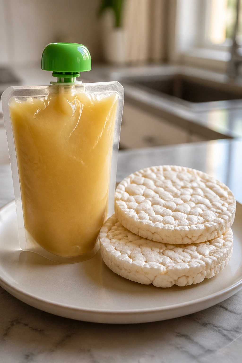 Unlabeled applesauce pouch beside two plain rice cakes on a plate