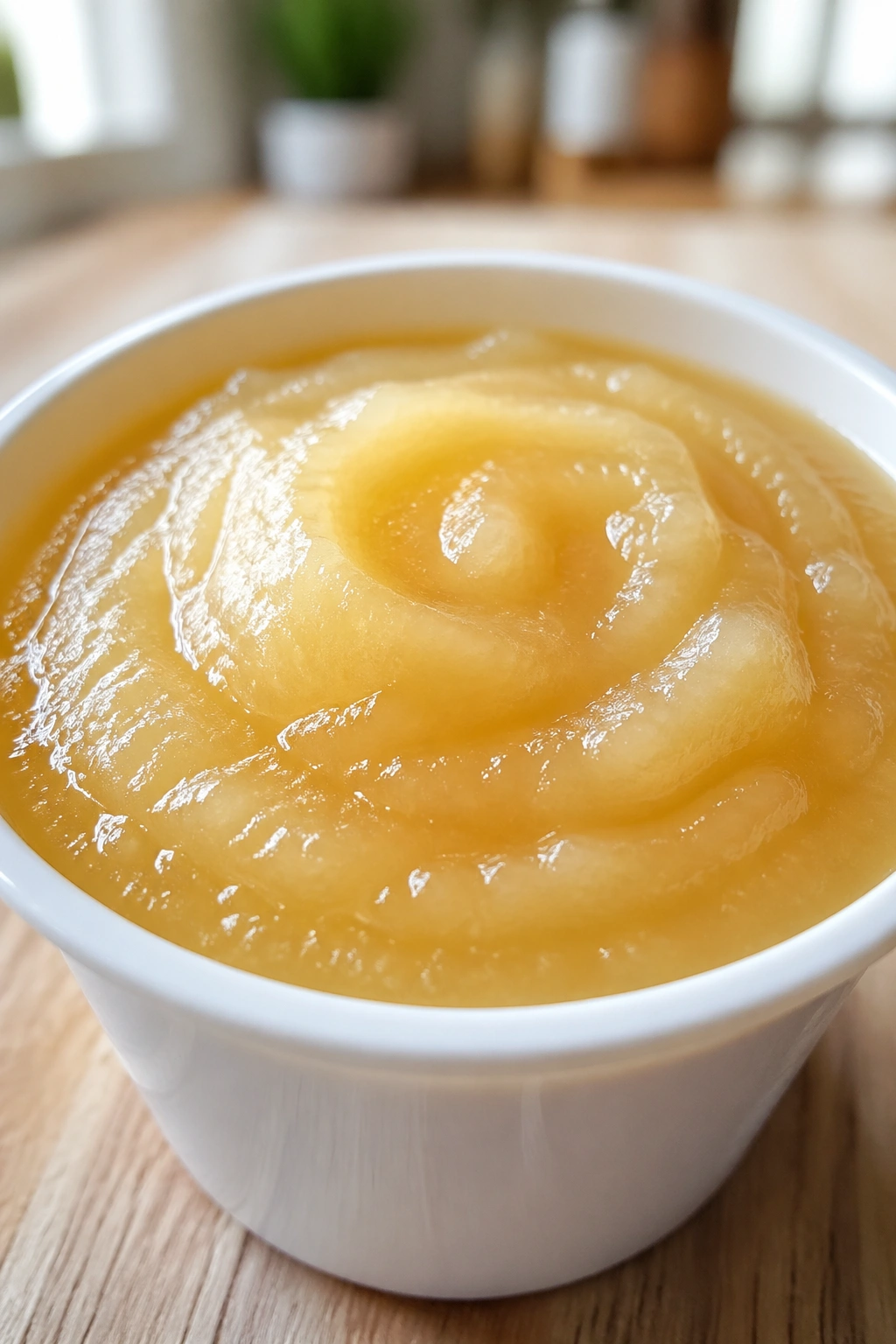 Close-up of applesauce in a white cup on a wooden table
