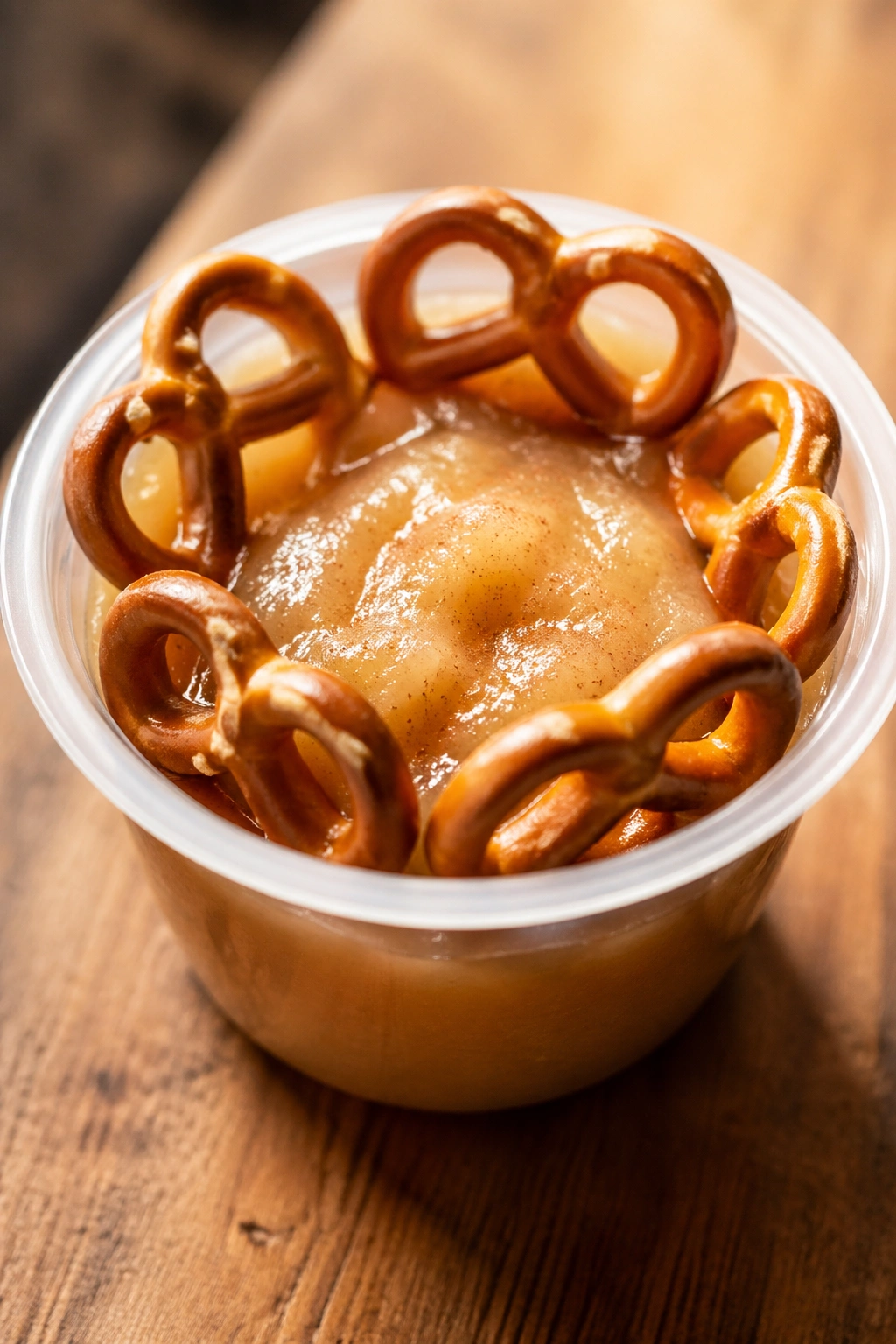 Close-up of applesauce cinnamon pretzel cup on a warm surface.