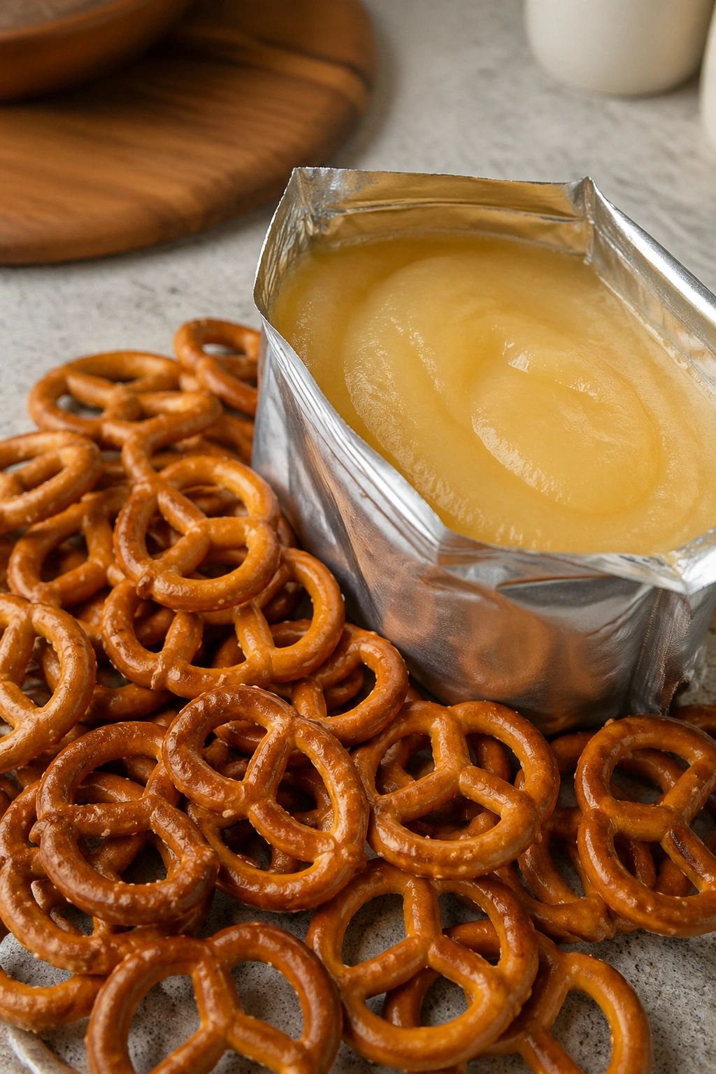 Open applesauce pouch with pretzels on a counter
