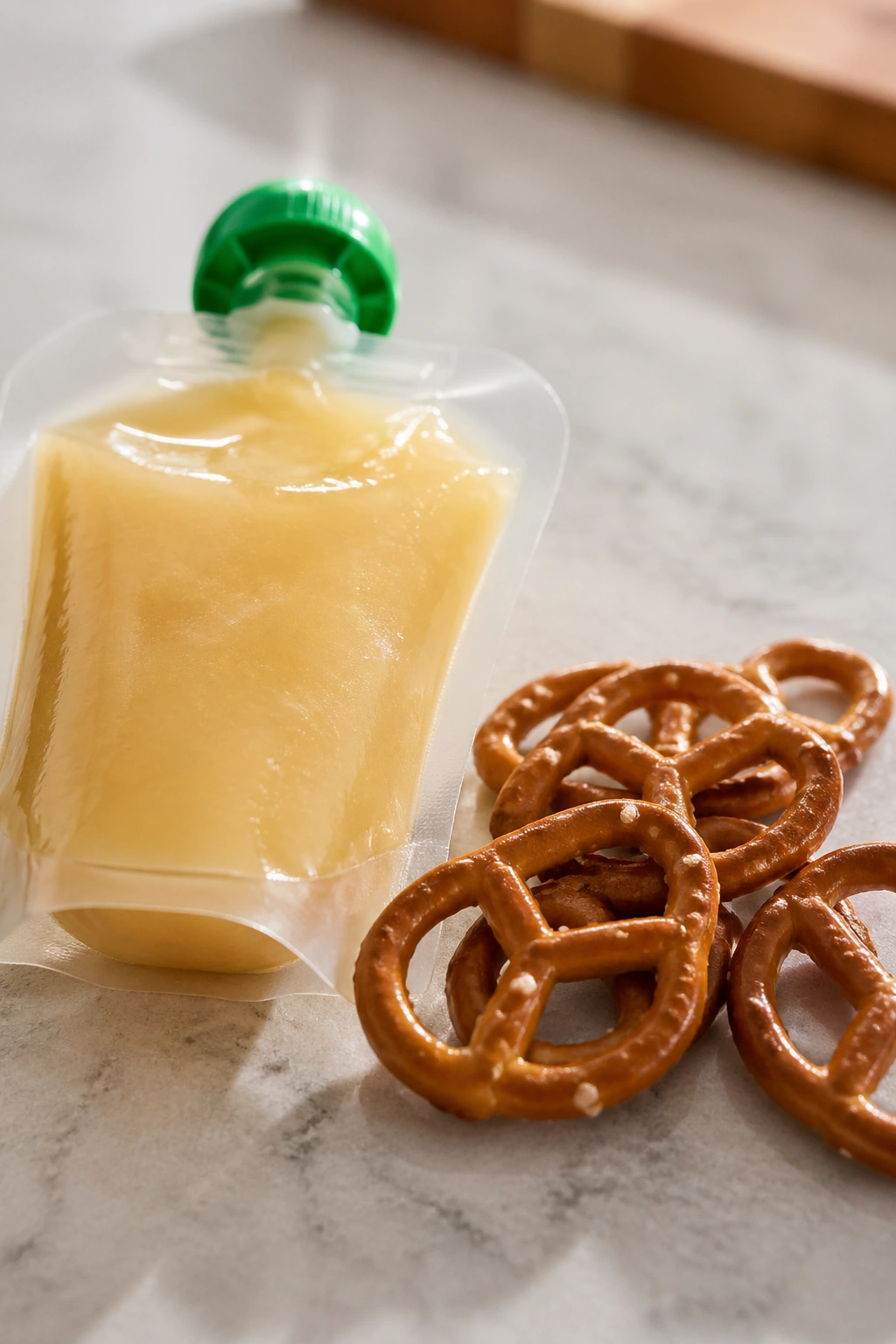 Close-up of applesauce pouch and pretzels ready for pre-workout