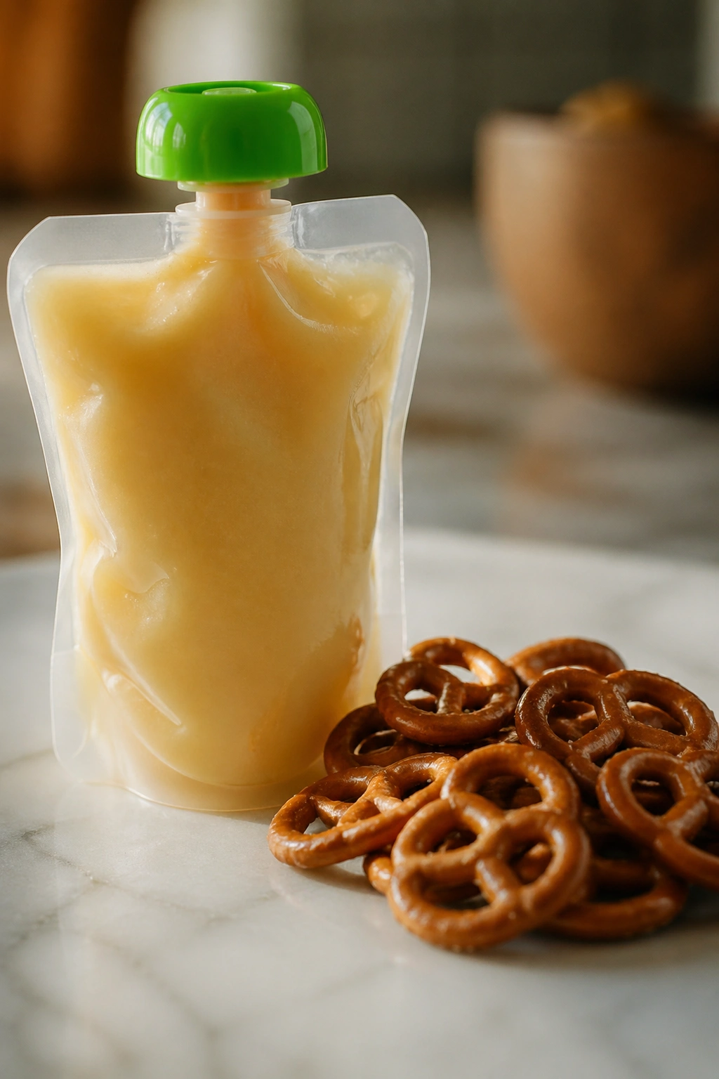 Plain applesauce pouch with pretzels on a surface.