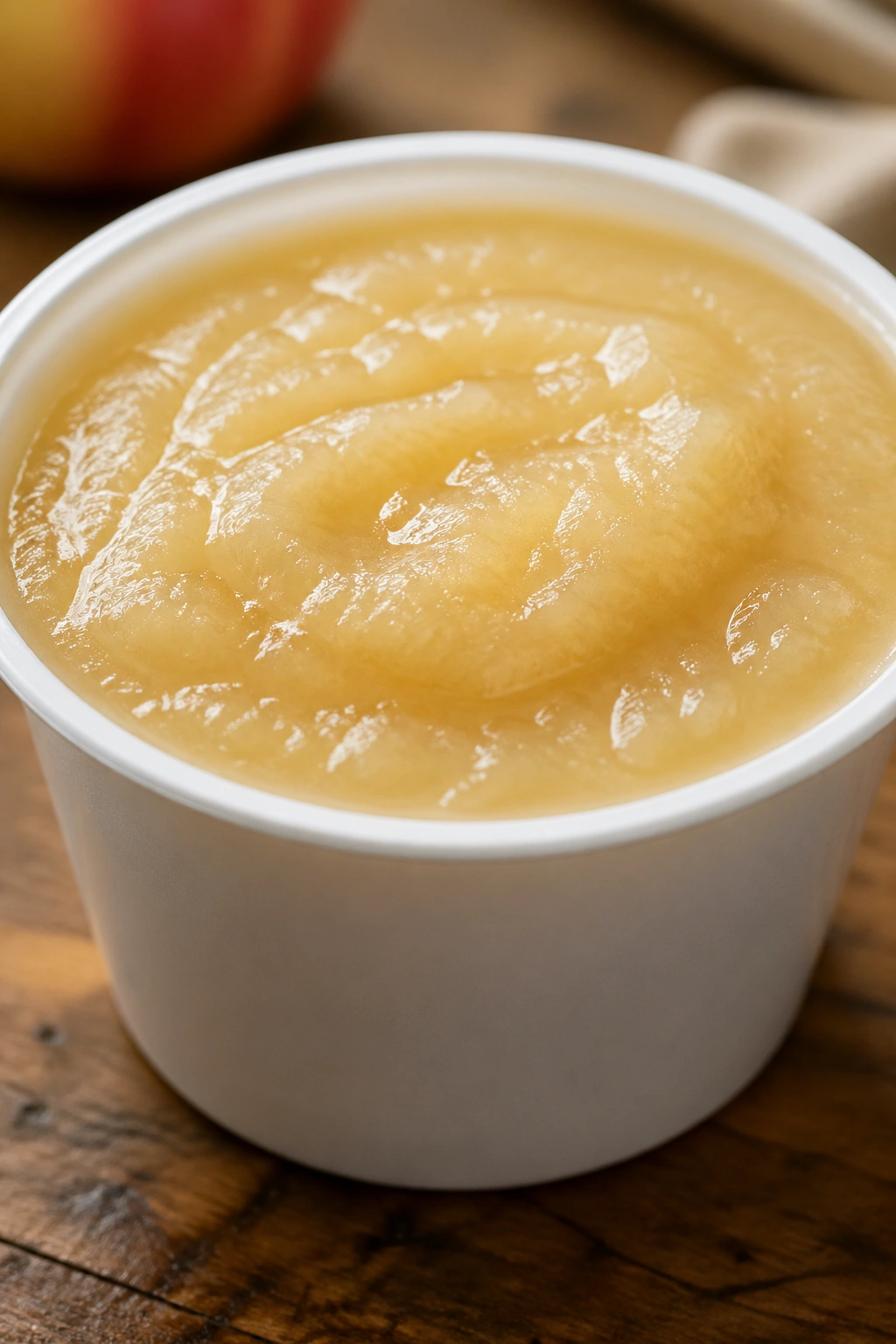 Close-up of plain white applesauce in a cup on a wooden kitchen counter