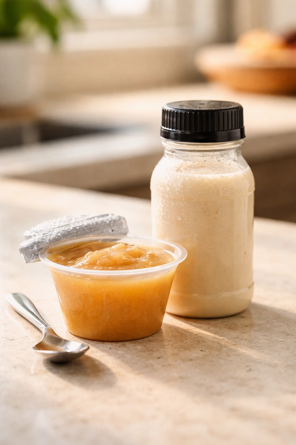 Applesauce cup with small protein shake bottle on a kitchen counter.