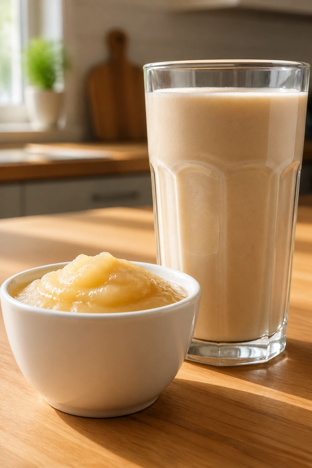 Close-up of unsweetened applesauce cup and protein shake on a kitchen counter