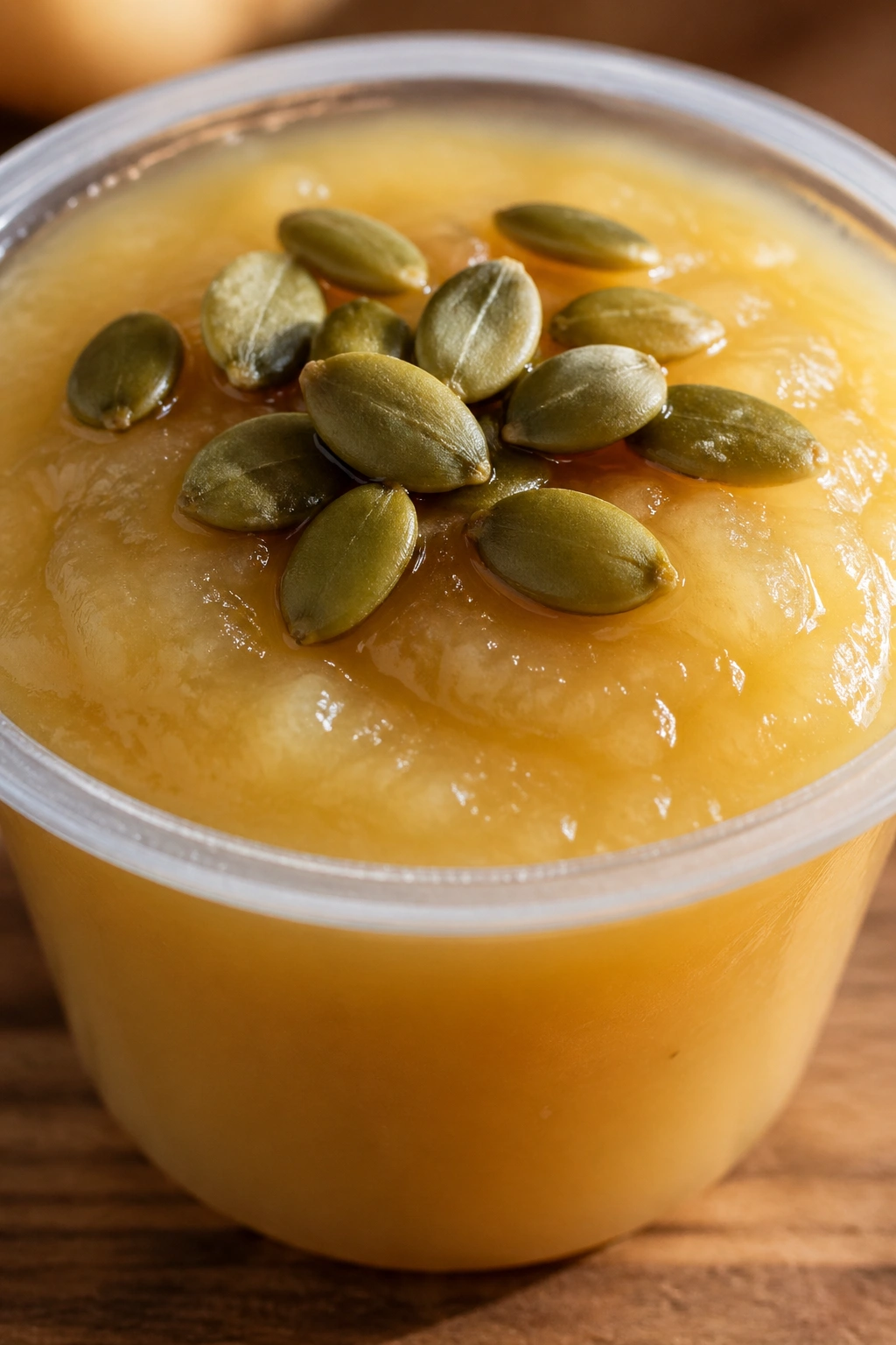 Unlabeled applesauce cup with pumpkin seeds on top, pre-workout snack.