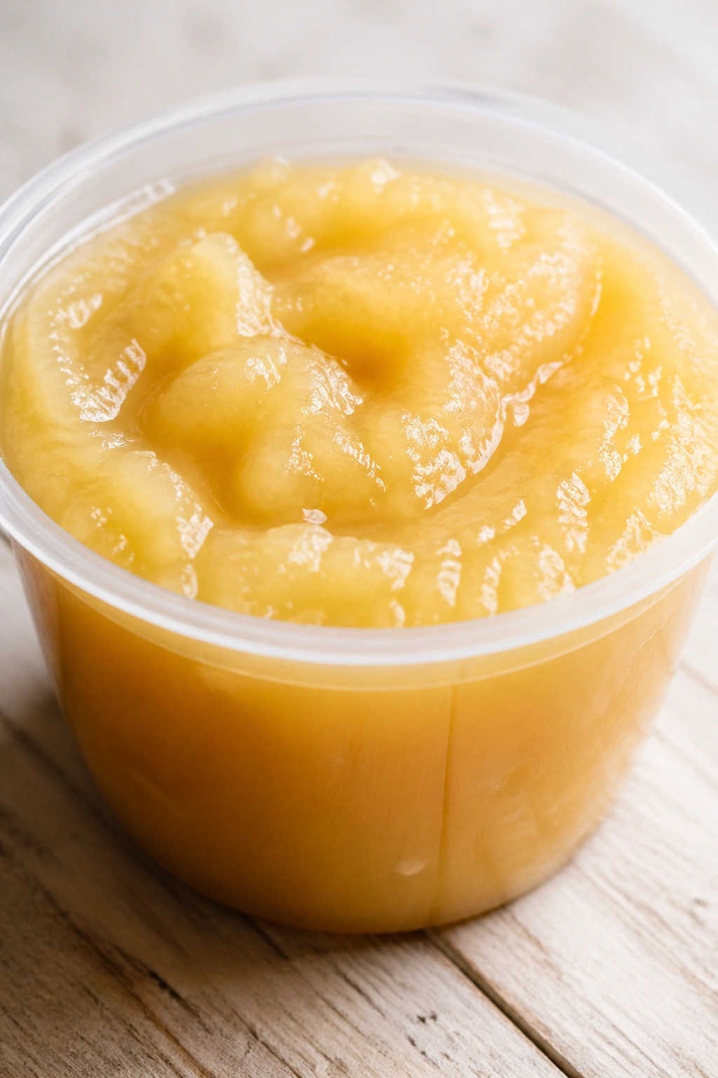 Close-up of applesauce in a cup on a wooden table