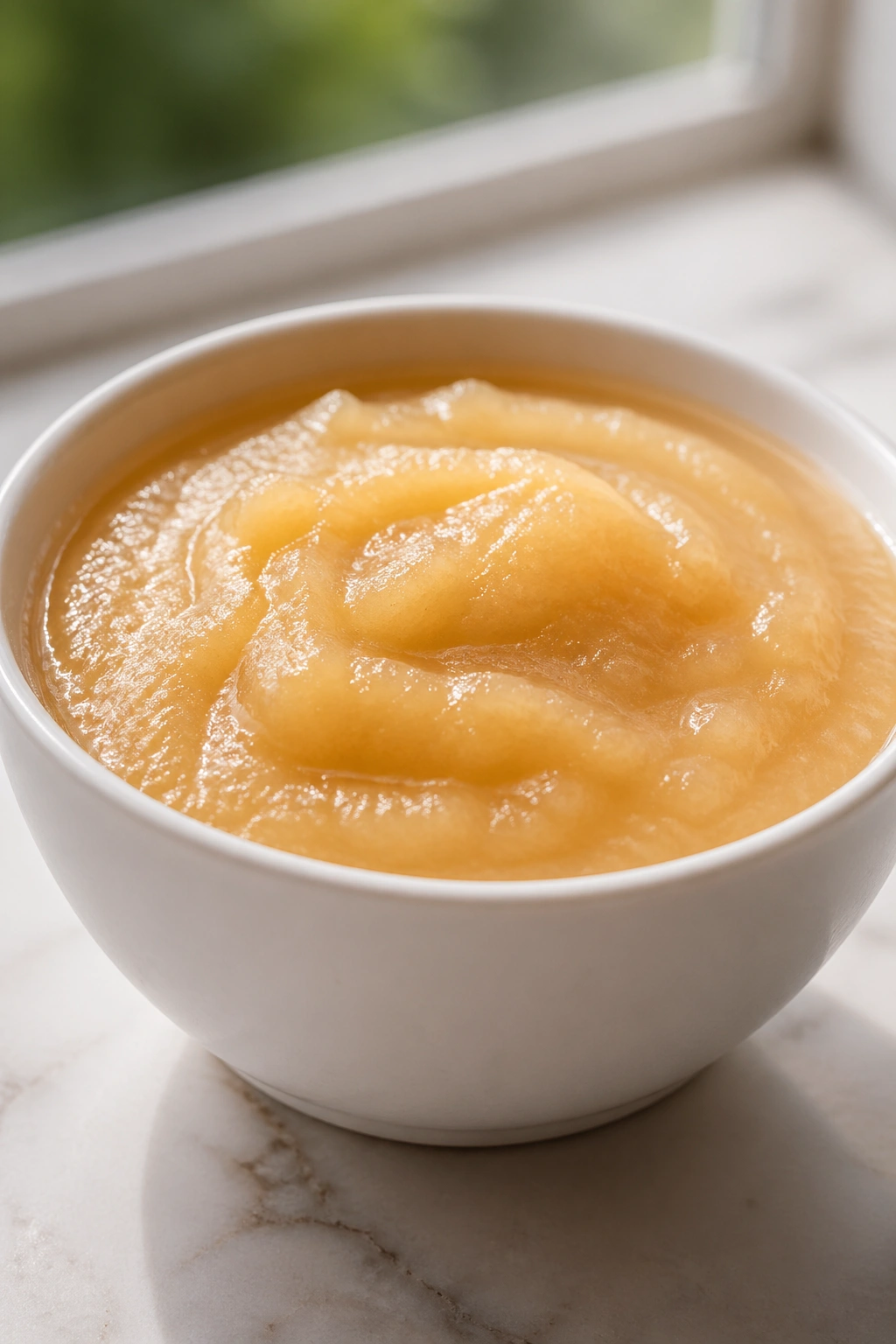 Close-up of unsweetened applesauce in a white bowl on a kitchen counter