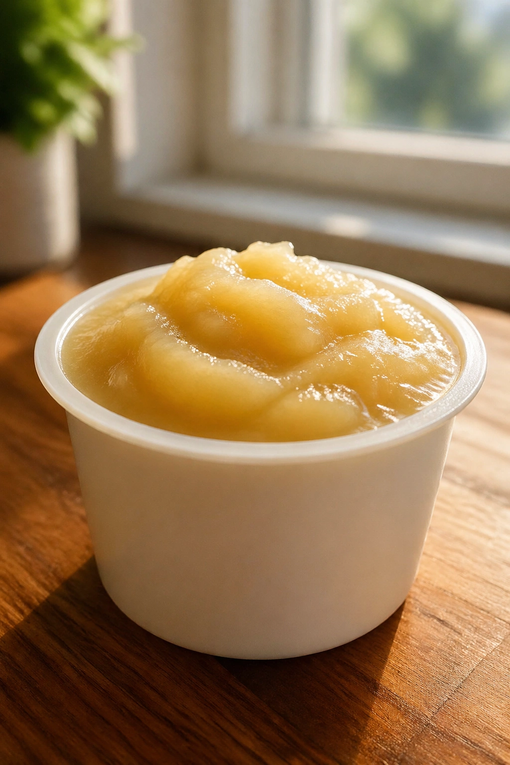 Close-up of a plain white unsweetened applesauce cup on a wooden kitchen counter with warm morning light.