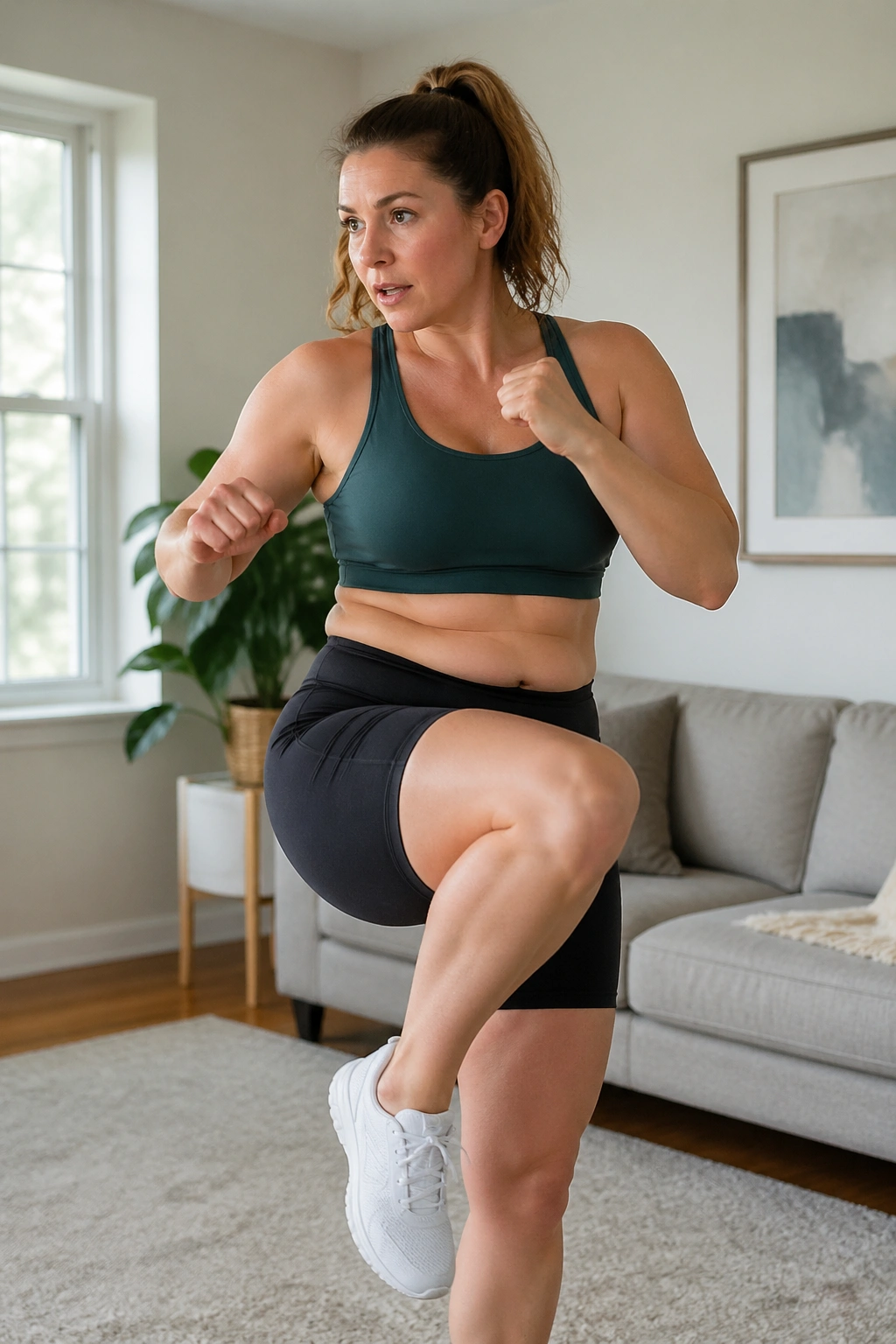 Person demonstrates a home circuit for apron belly workouts
