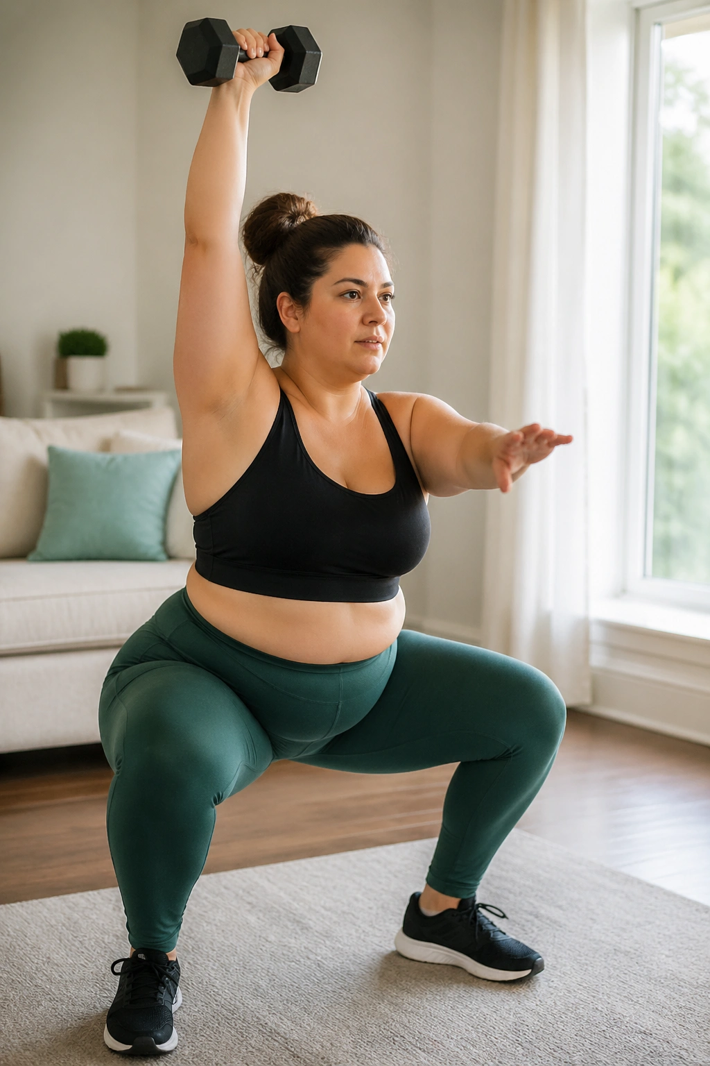 Medium close-up of a person performing a squat-to-press with dumbbell in home living room