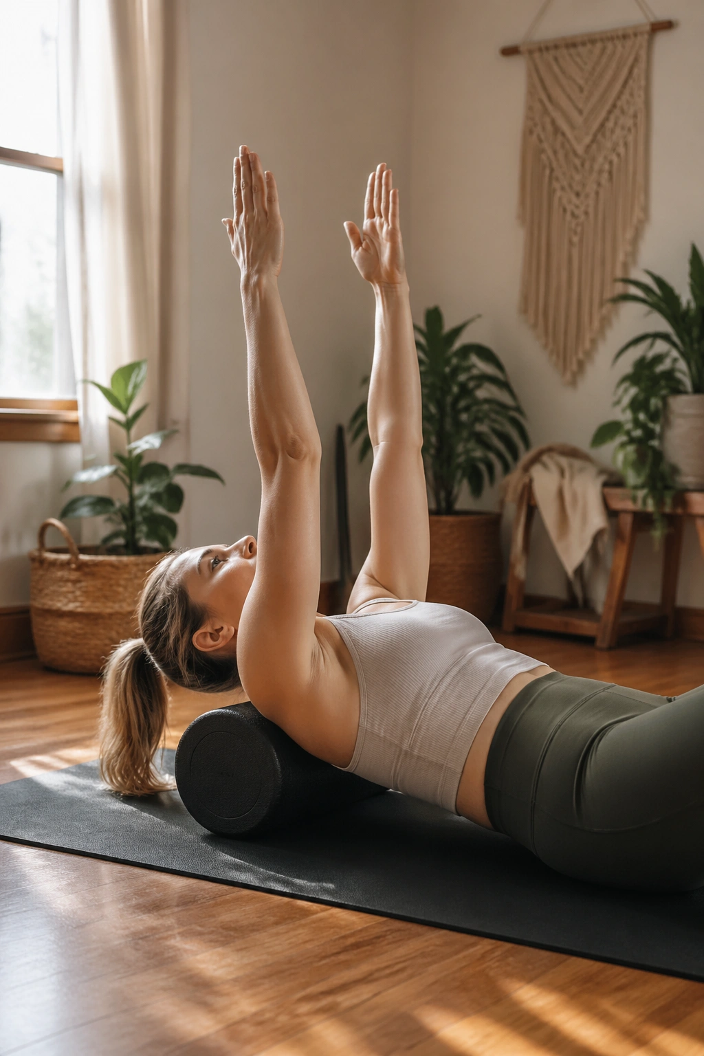Arms overhead arcs on foam roller with torso on mat and ribs quiet