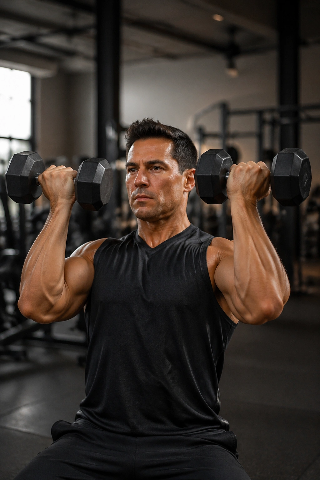 Close-up of real person performing Arnold press with dumbbells