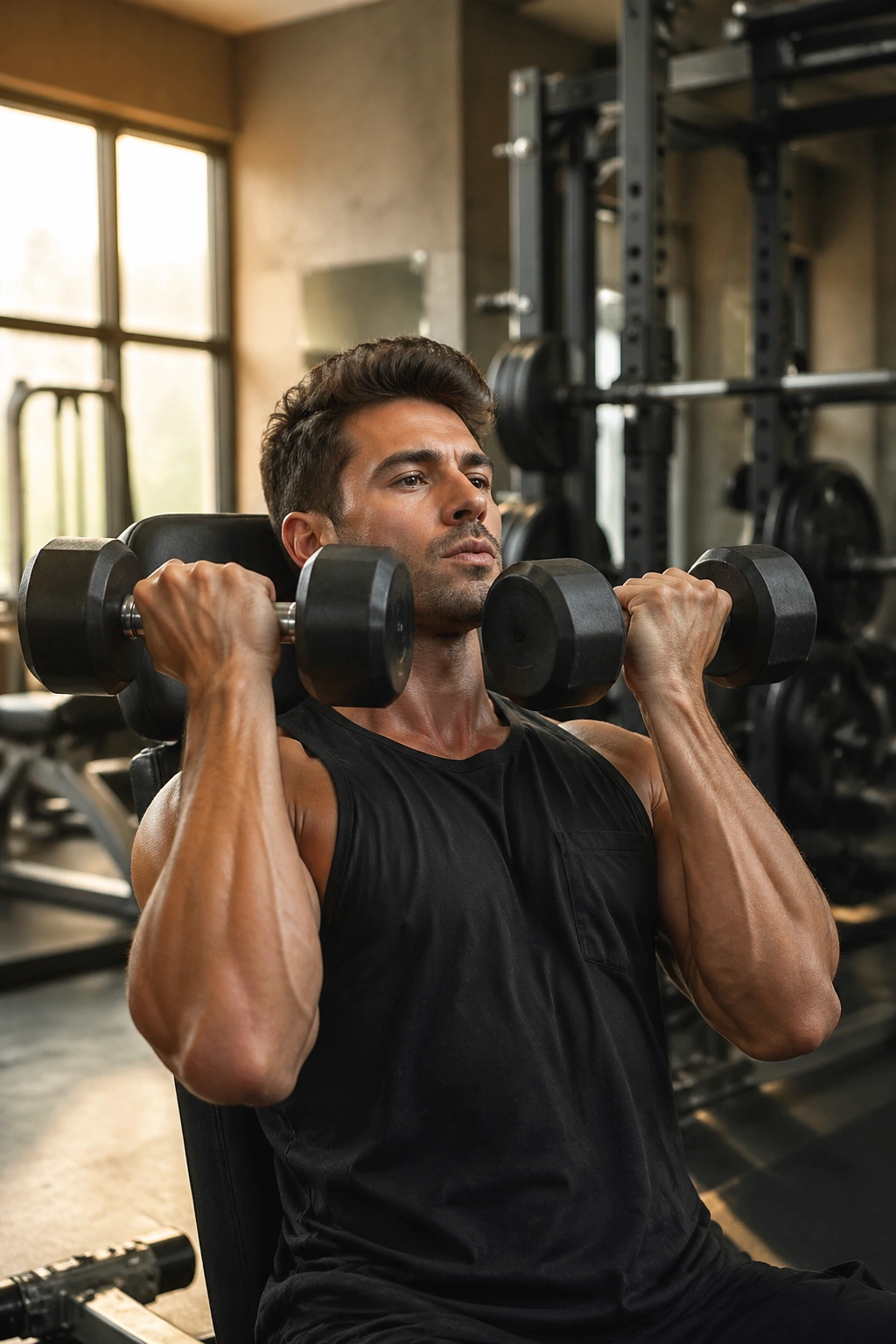 Close-up of a real person performing Arnold Press with dumbbells, emphasizing front deltoids and triceps.