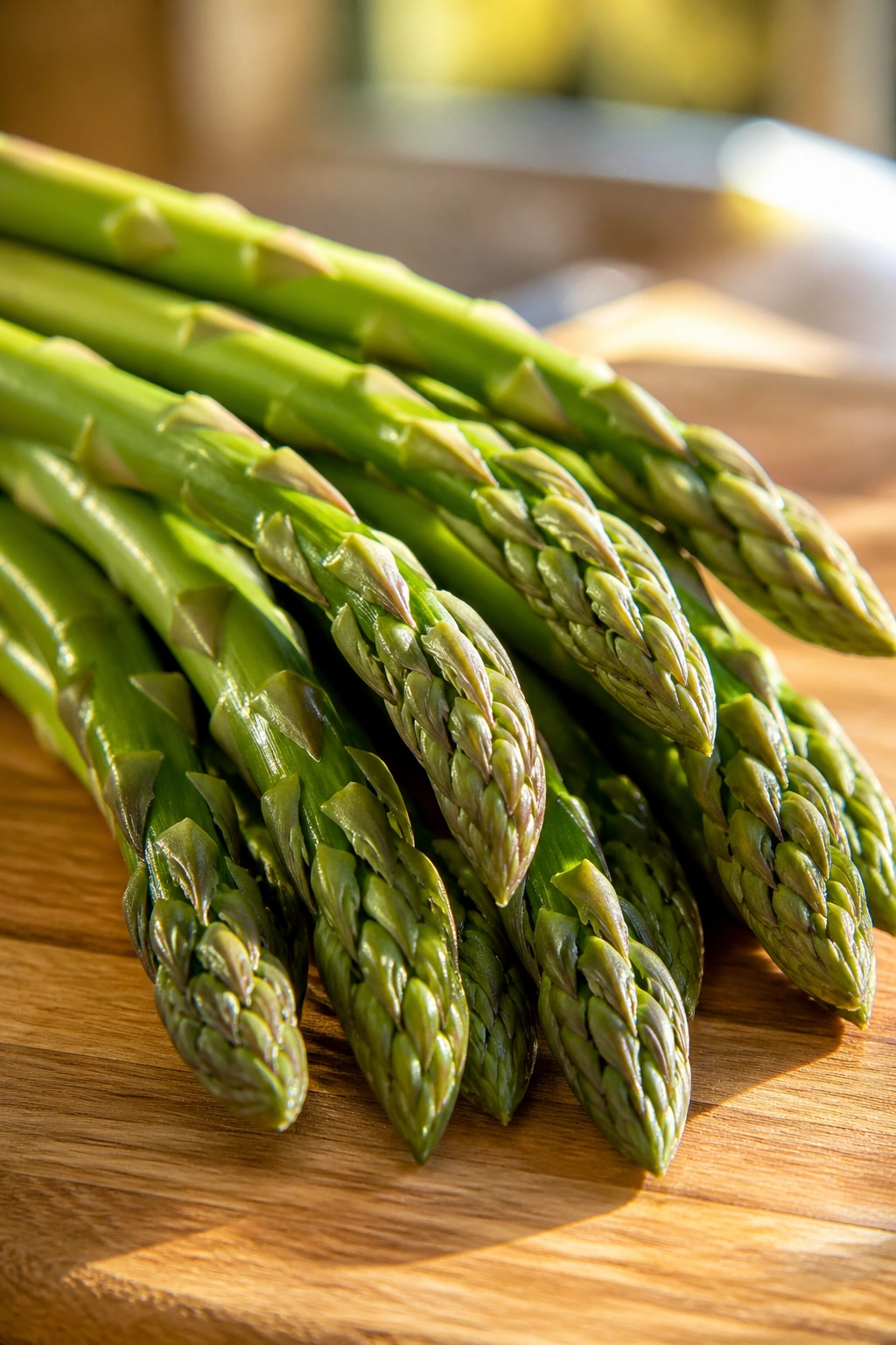 Close-up of green asparagus spears on a wooden cutting board in a sunlit kitchen