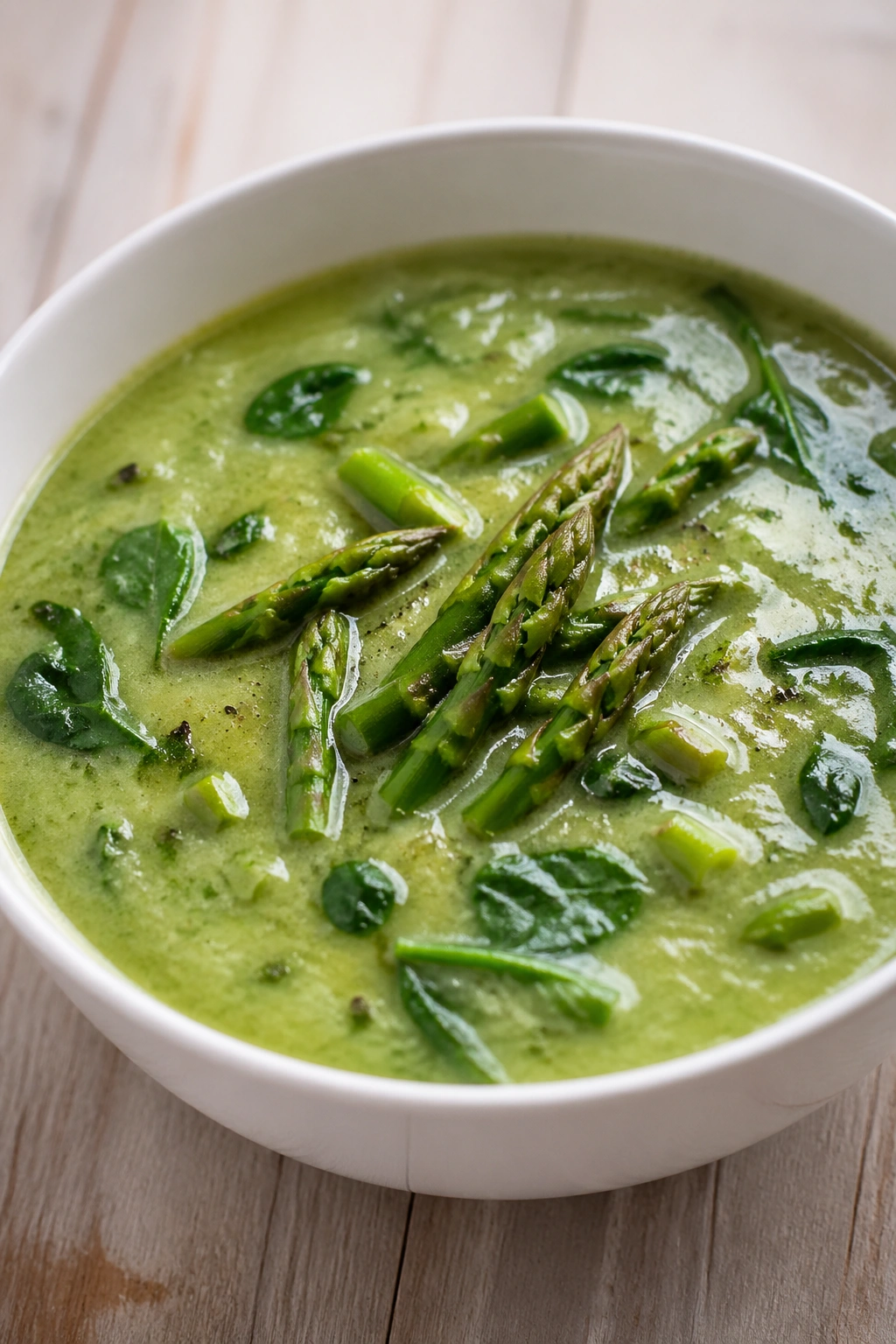 Close-up of bright green asparagus and spinach soup in a white bowl